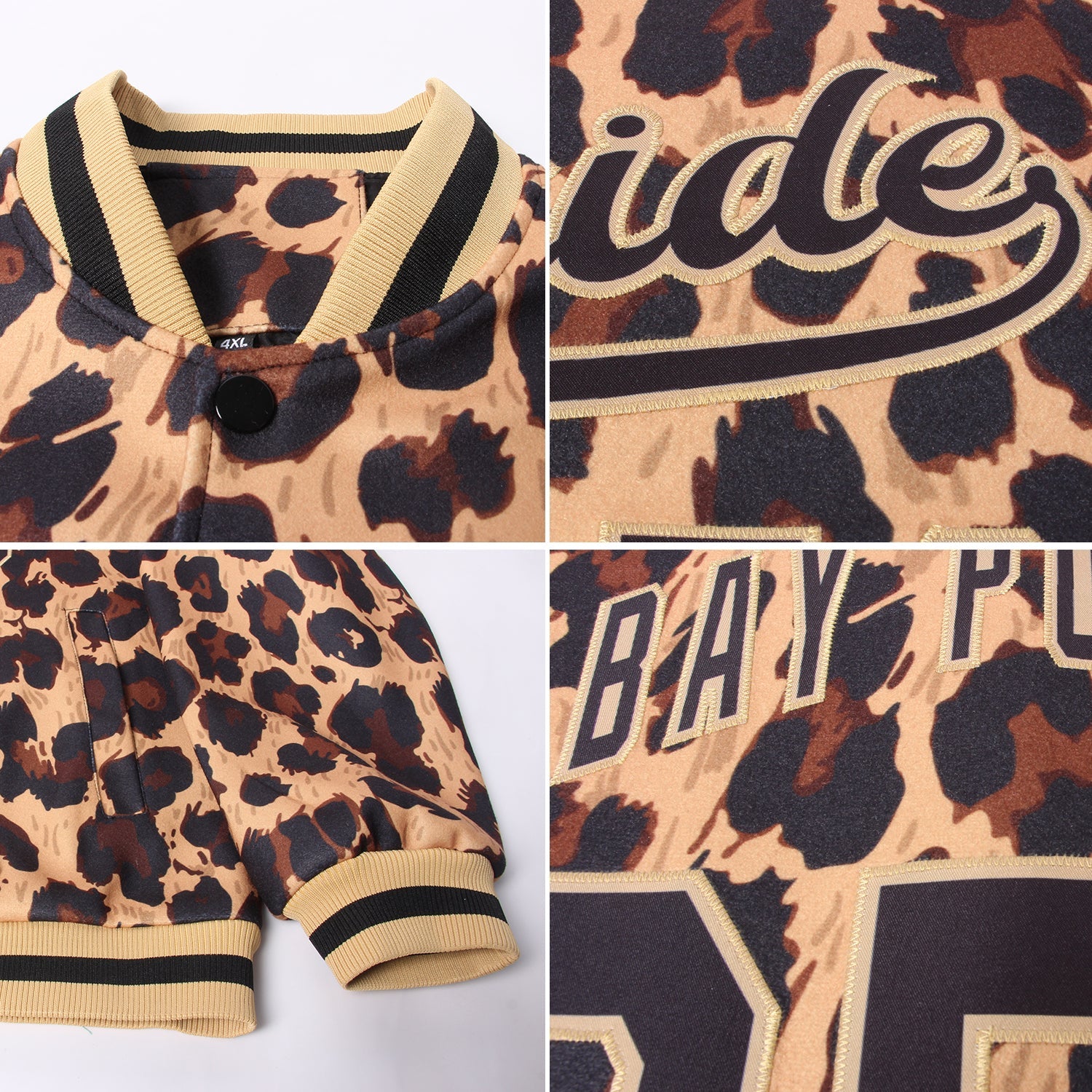 Custom Brown Black-Old Gold Leopard 3D Pattern Design Bomber Full-Snap Varsity Letterman Jacket view 4
