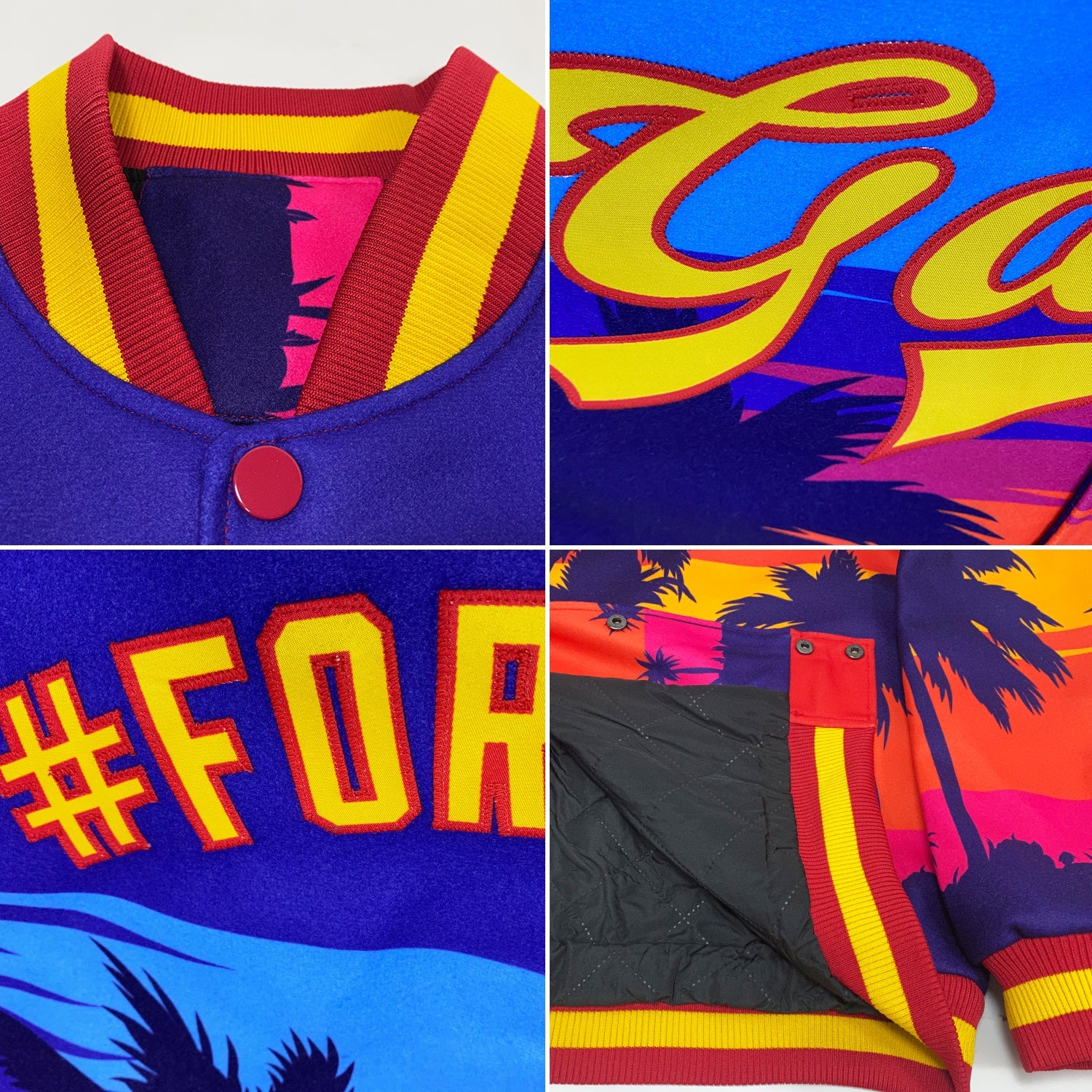 Custom Royal Gold-Red Hawaii Palm Trees 3D Bomber Full-Snap Varsity Letterman Jacket view 4