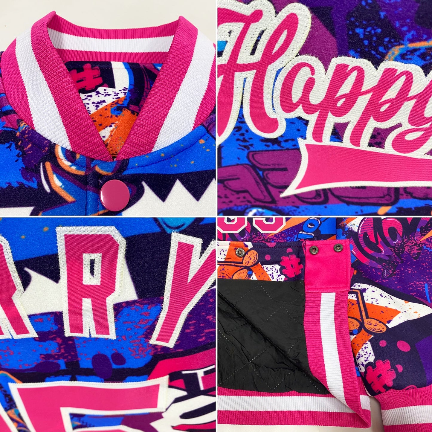 Custom Graffiti Pattern Pink-White Words 3D Bomber Full-Snap Varsity Letterman Jacket view 4