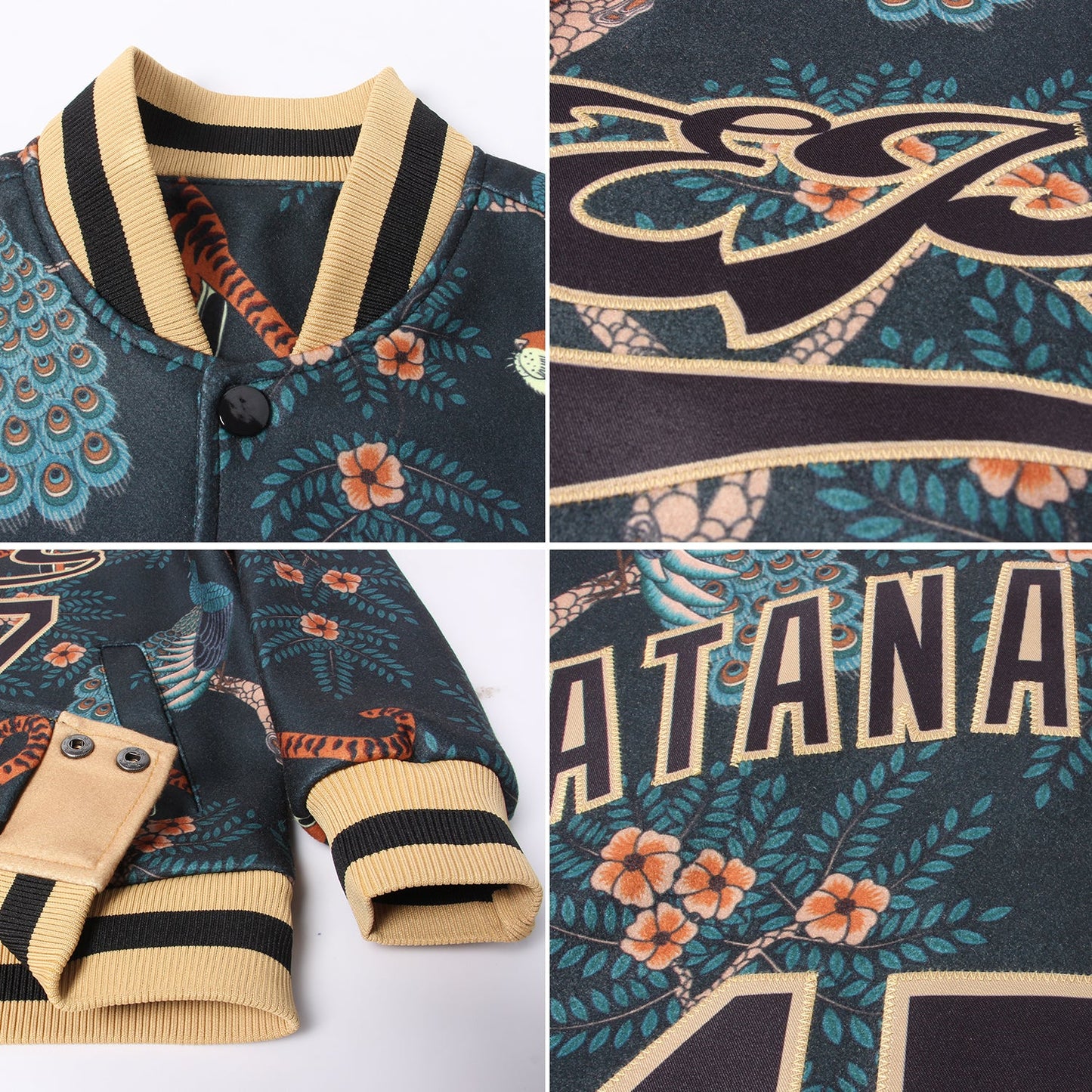 Custom Black Black-Old Gold Tiger And Peacock 3D Pattern Design Bomber Full-Snap Varsity Letterman Jacket view 4