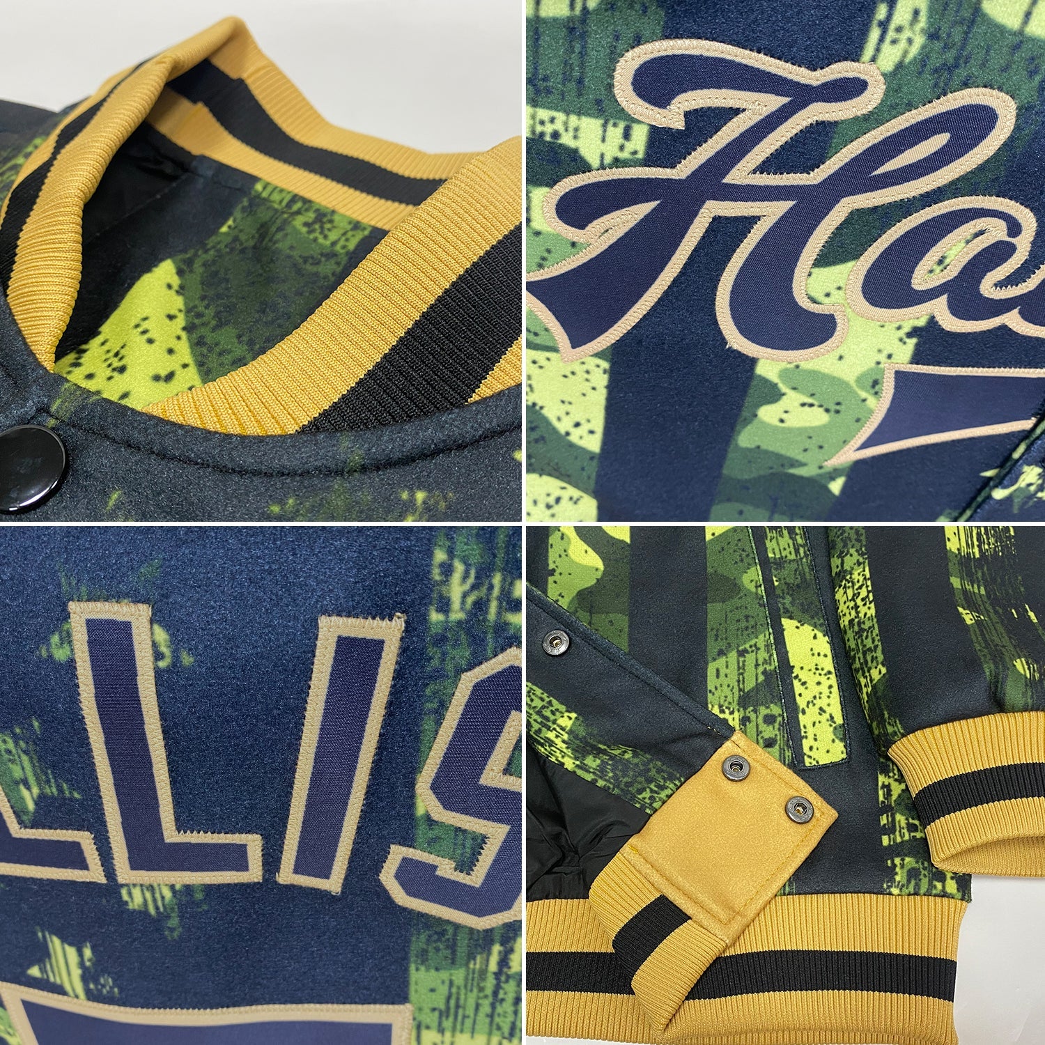 Custom Camo Black-Old Gold American Flag Fashion 3D Bomber Full-Snap Varsity Letterman Salute To Service Jacket view 4