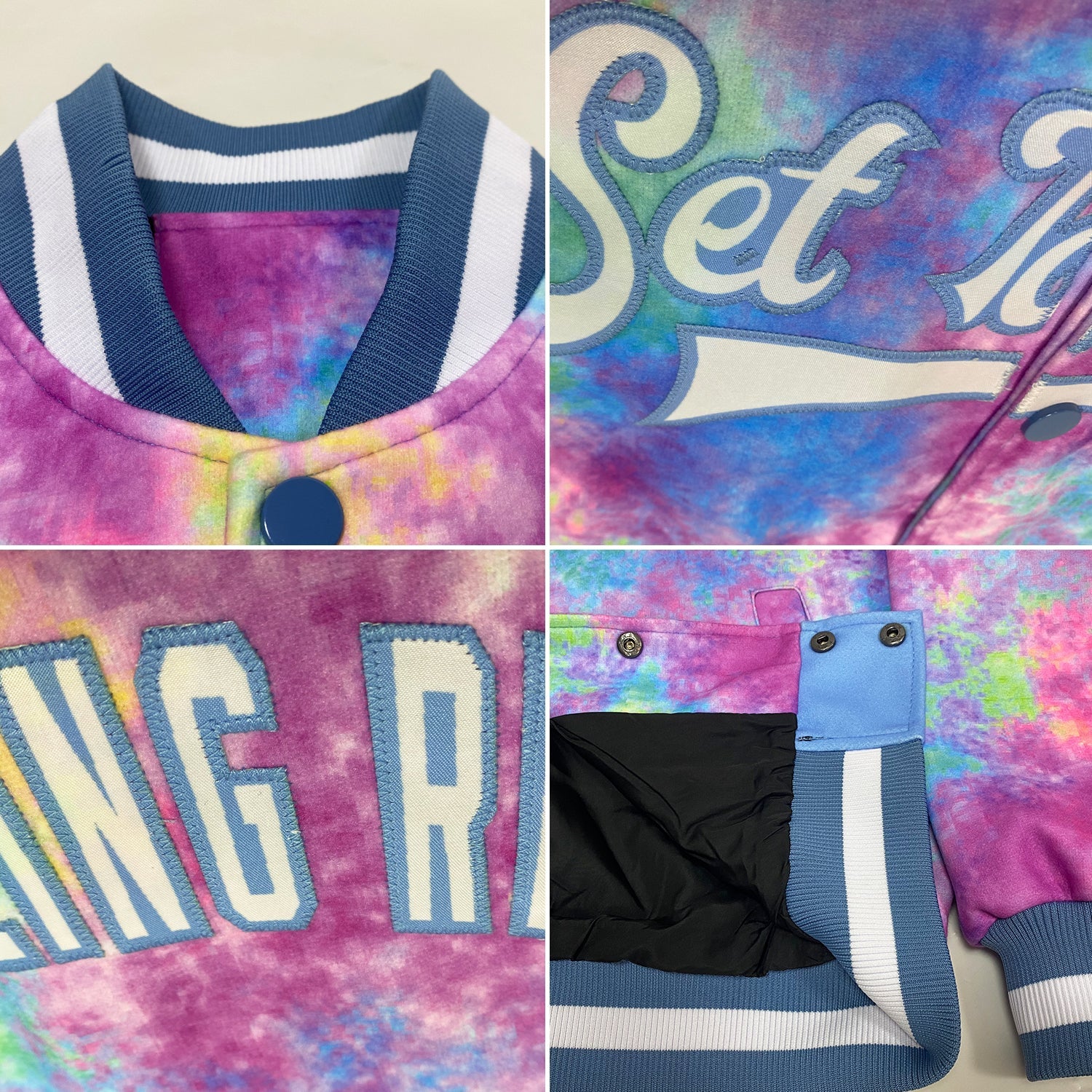 Custom Tie Dye White-Light Blue Rainbow 3D Bomber Full-Snap Varsity Letterman Jacket view 4