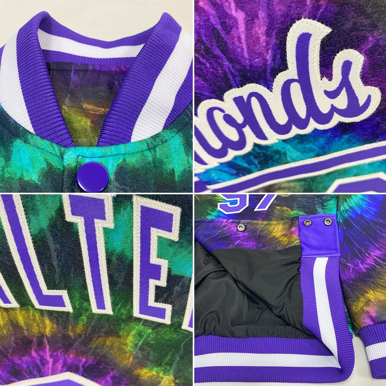 Custom Tie Dye Purple-White Rainbow 3D Bomber Full-Snap Varsity Letterman Jacket view 4