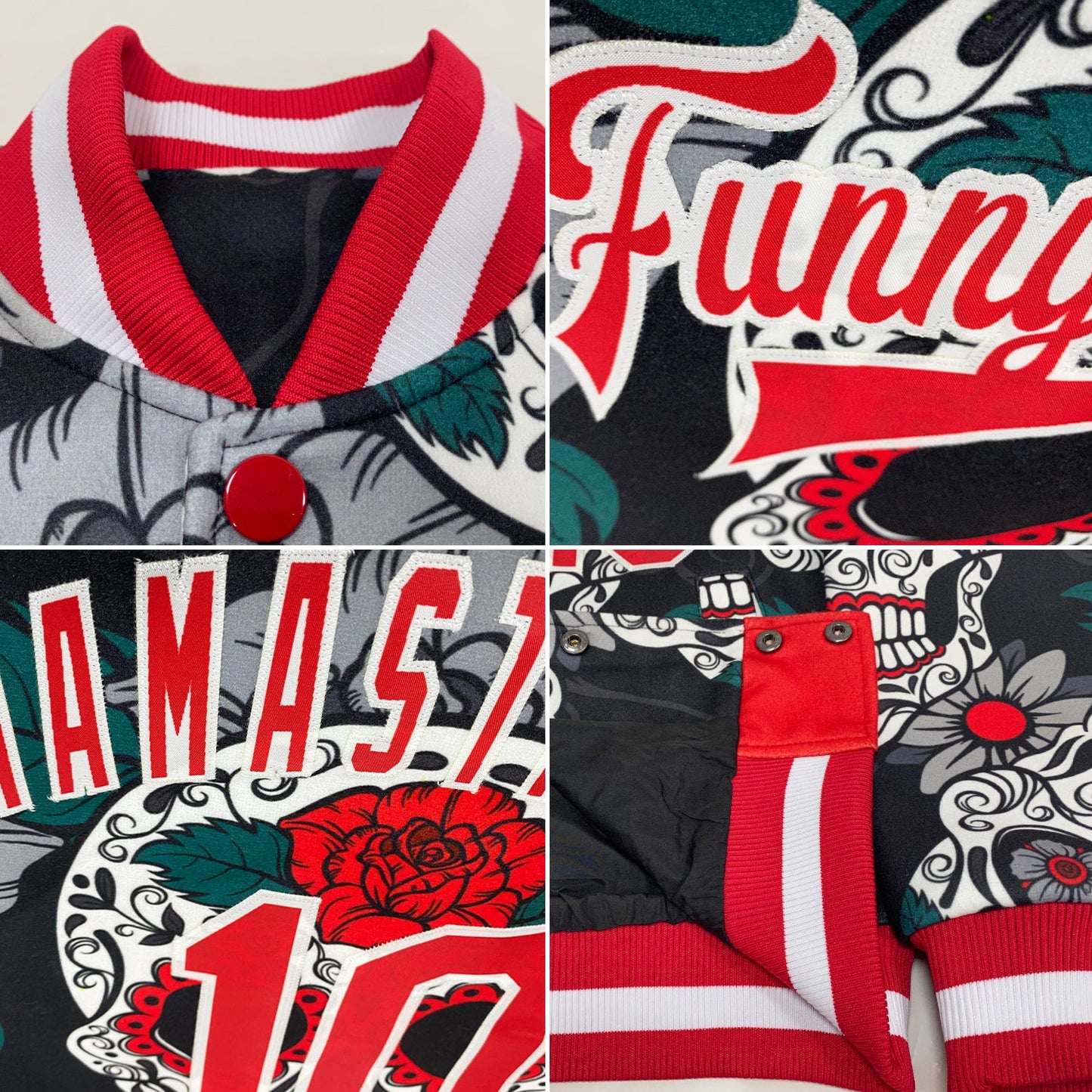 Custom Black Red-White Skull Fashion 3D Bomber Full-Snap Varsity Letterman Jacket view 4