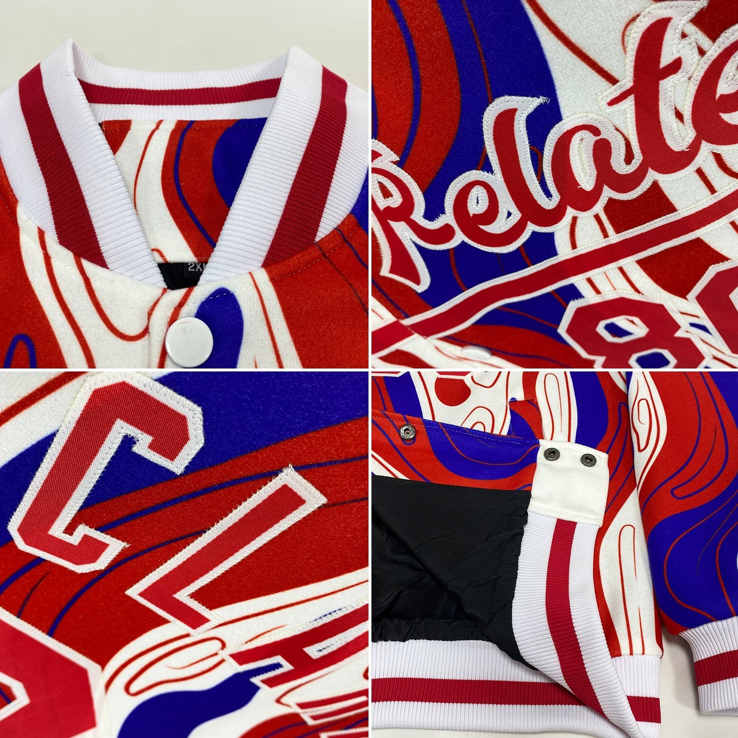 Custom Figure Red-Royal 3D Pattern Design Bomber Full-Snap Varsity Letterman Jacket view 4