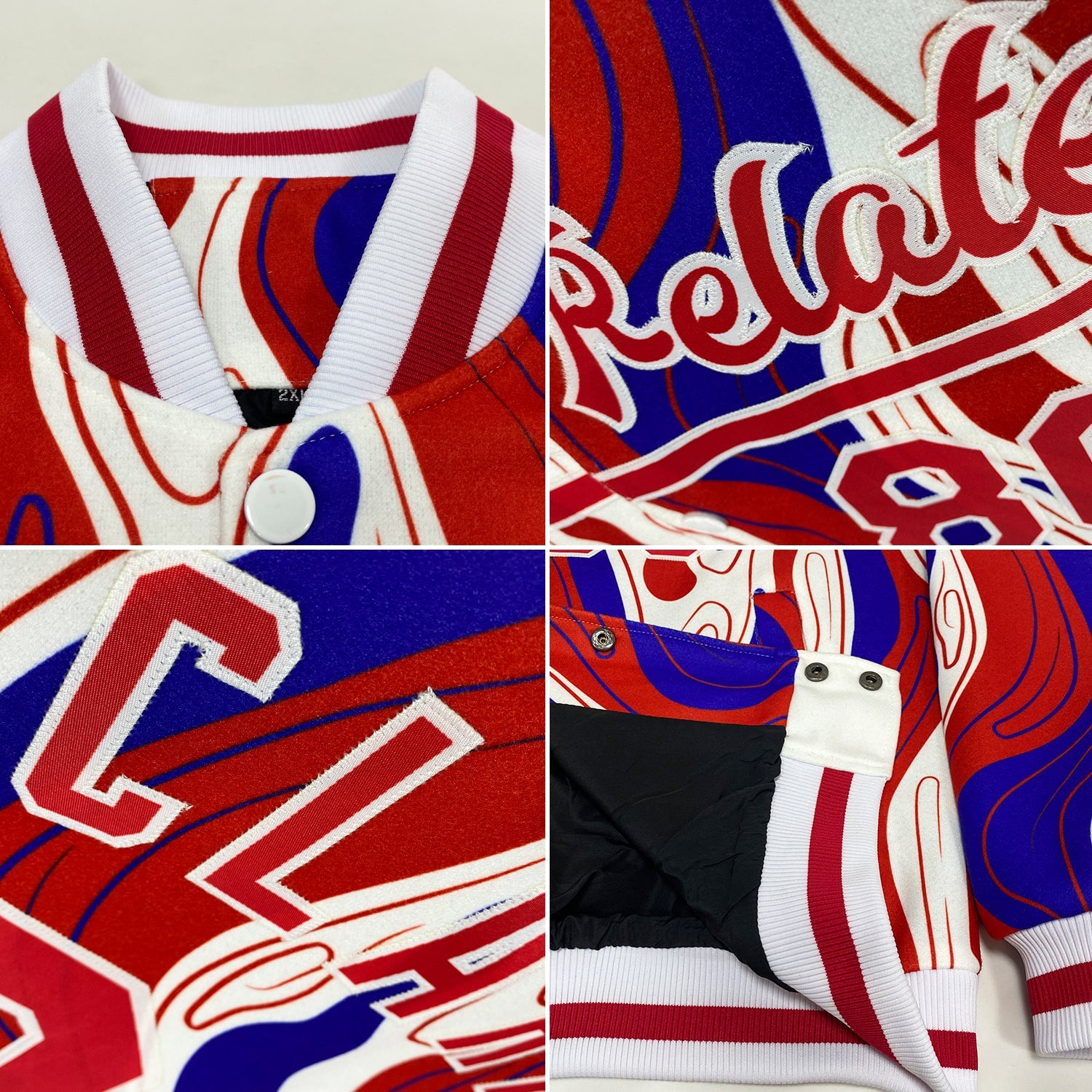 Custom Figure Red-Royal 3D Pattern Design Bomber Full-Snap Varsity Letterman Jacket view 4