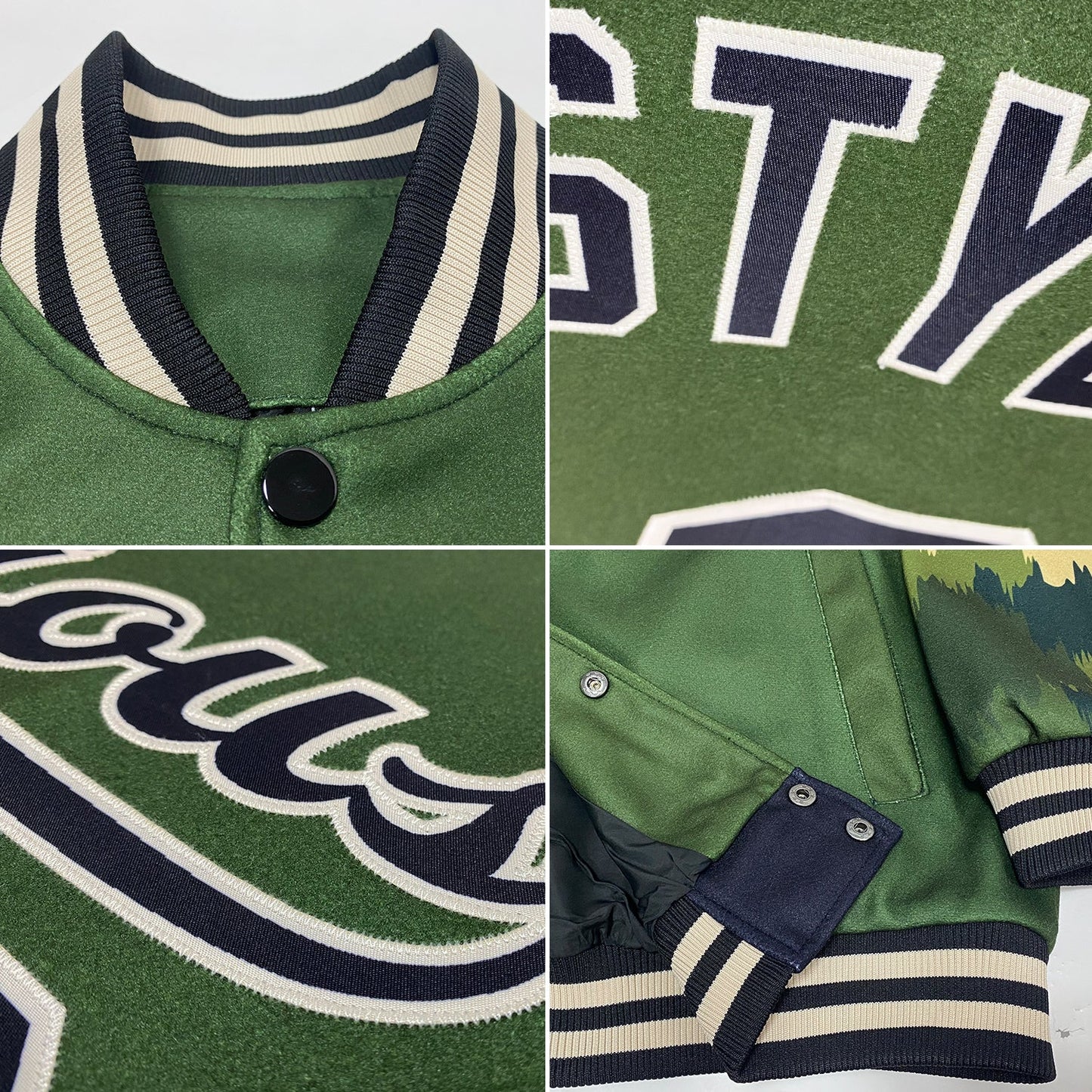 Custom Olive Black-Cream Camo Sleeves 3D Pattern Design Bomber Full-Snap Varsity Letterman Salute To Service Jacket view 4