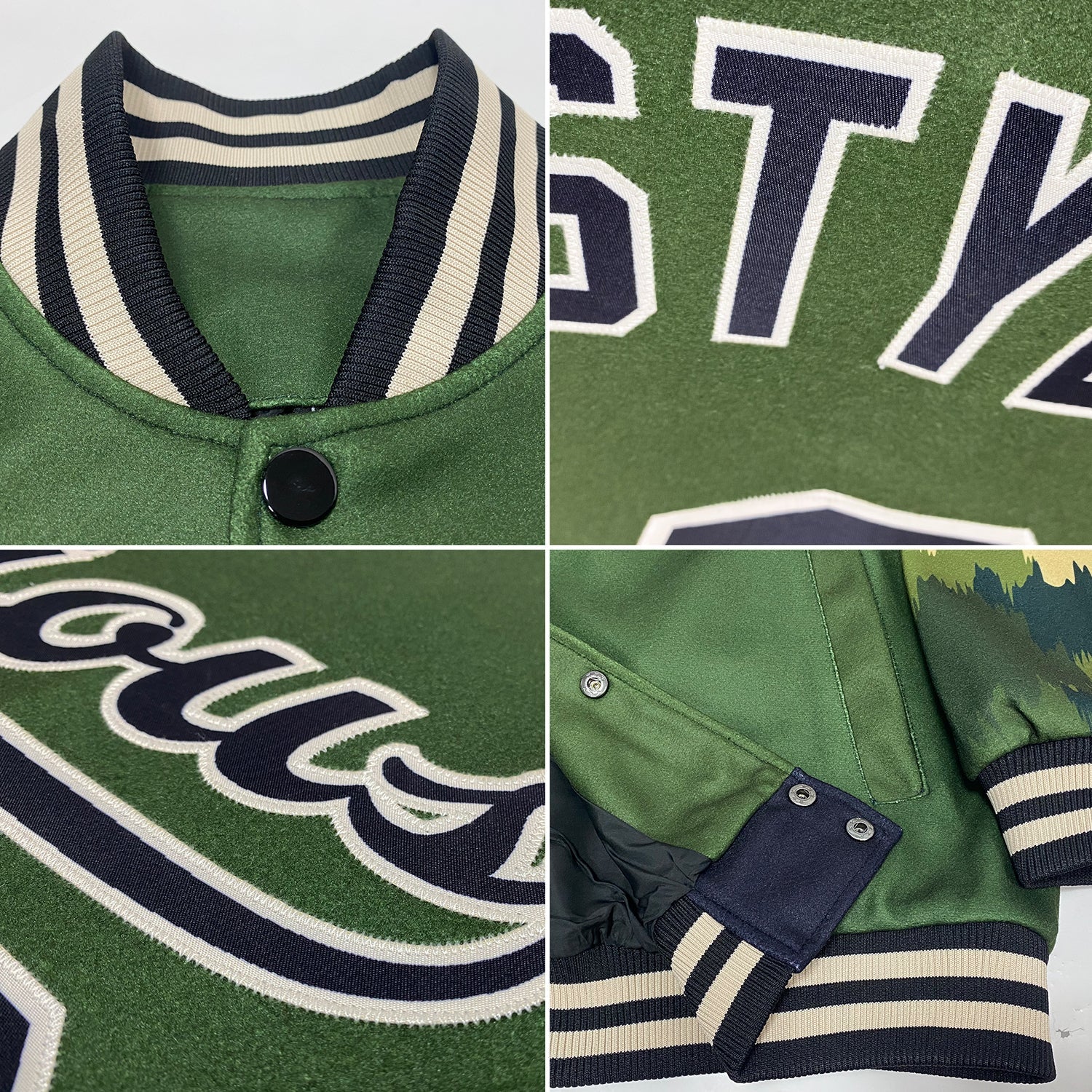 Custom Olive Black-Cream Camo Sleeves 3D Pattern Design Bomber Full-Snap Varsity Letterman Salute To Service Jacket view 4
