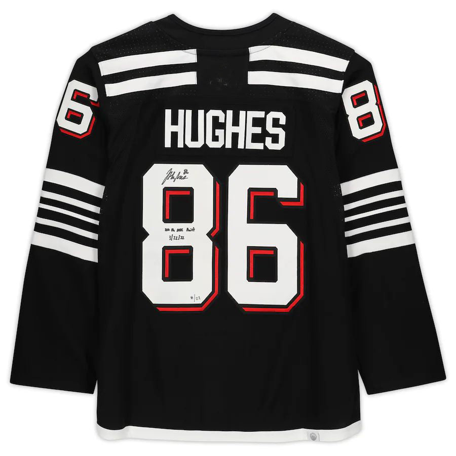 NJ.Devils #86 Jack Hughes Fanatics Authentic Autographed Alternate with 100th Point 3.22.22 Inscription Limited Edition of 22 Hockey Jerseys - Main View