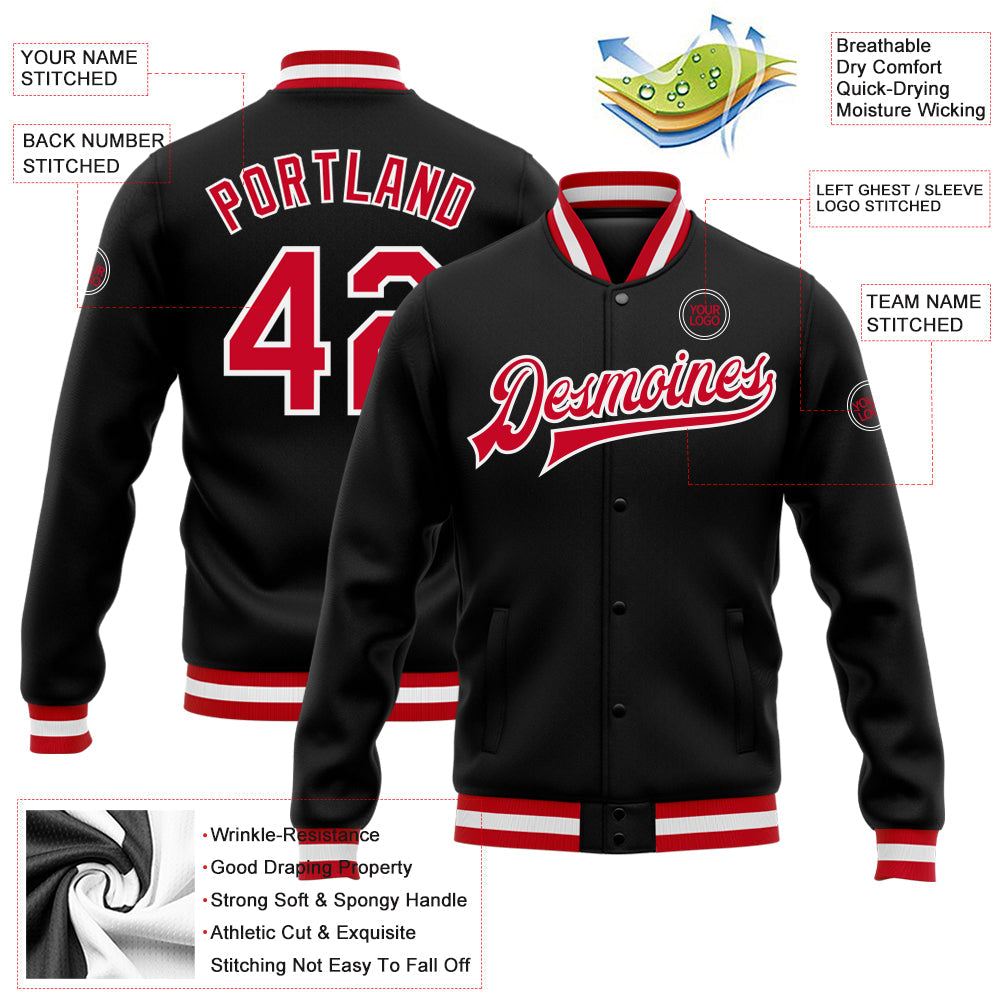Custom Black Red-White Bomber Full-Snap Varsity Letterman Jacket view 5