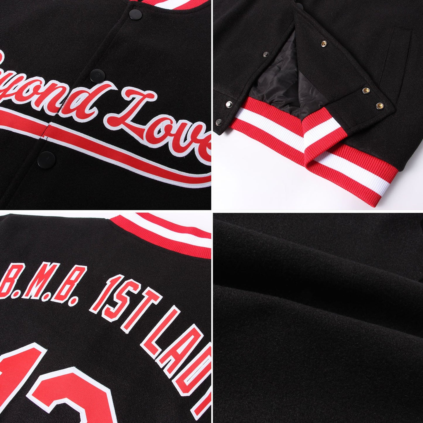 Custom Black Red-White Bomber Full-Snap Varsity Letterman Jacket view 4