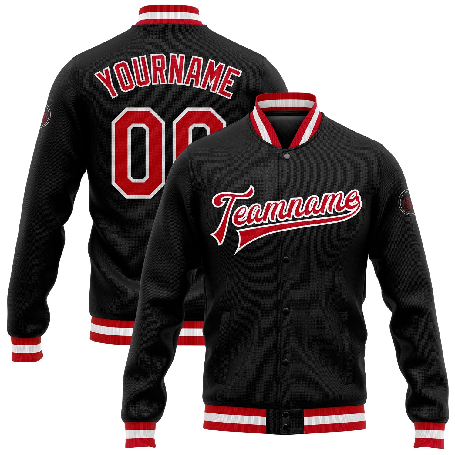Custom Black Red-White Bomber Full-Snap Varsity Letterman Jacket - Main View