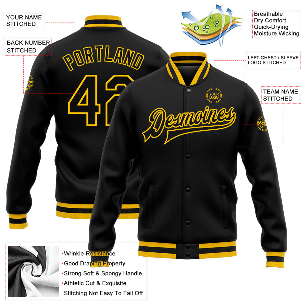 Custom Black Black-Gold Bomber Full-Snap Varsity Letterman Jacket view 5