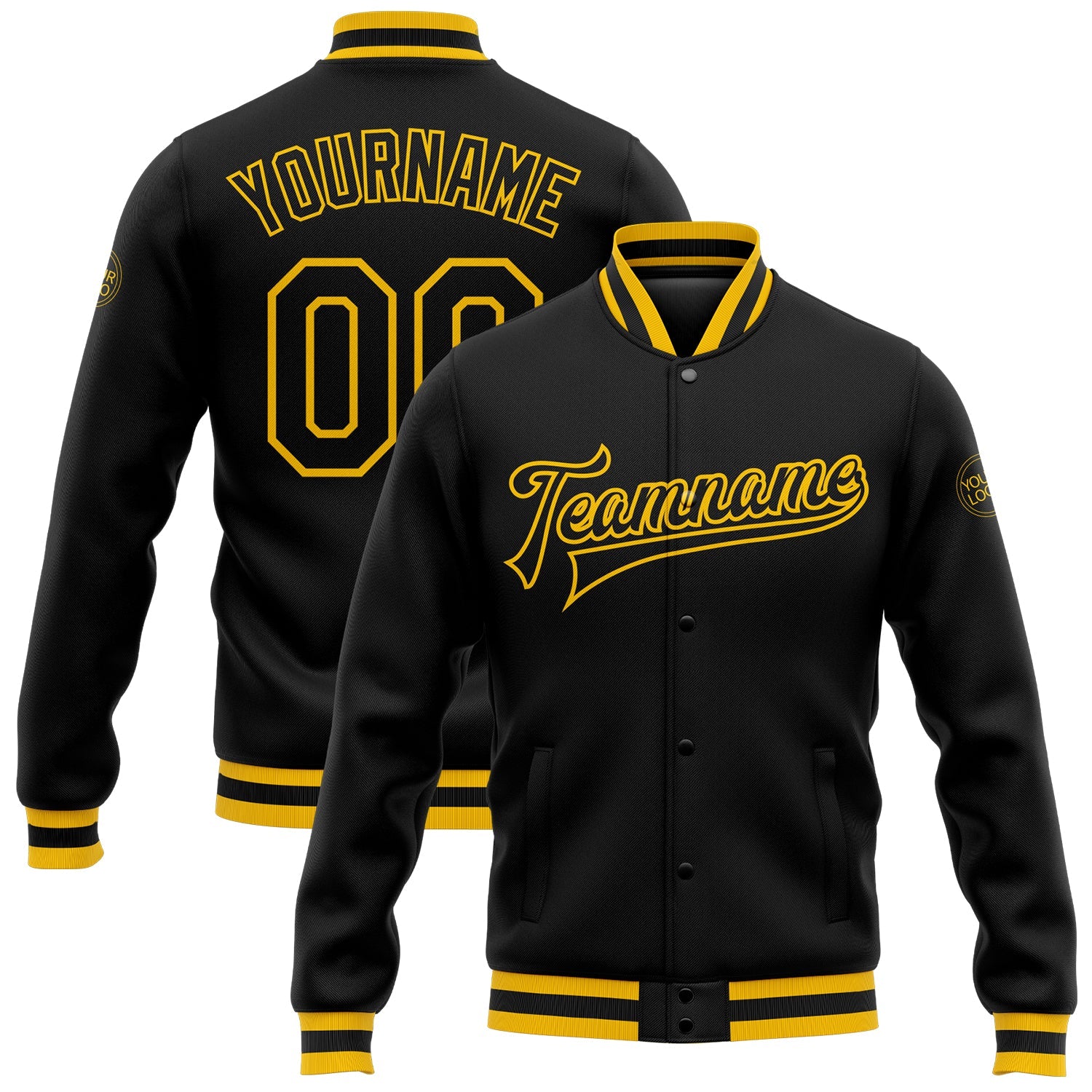 Custom Black Black-Gold Bomber Full-Snap Varsity Letterman Jacket - Main View