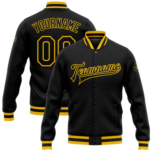 Custom Black Black-Gold Bomber Full-Snap Varsity Letterman Jacket - Main View