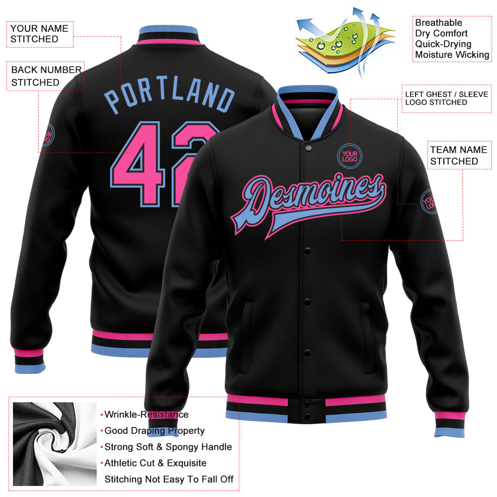 Custom Black Pink-Light Blue Bomber Full-Snap Varsity Letterman Jacket view 5