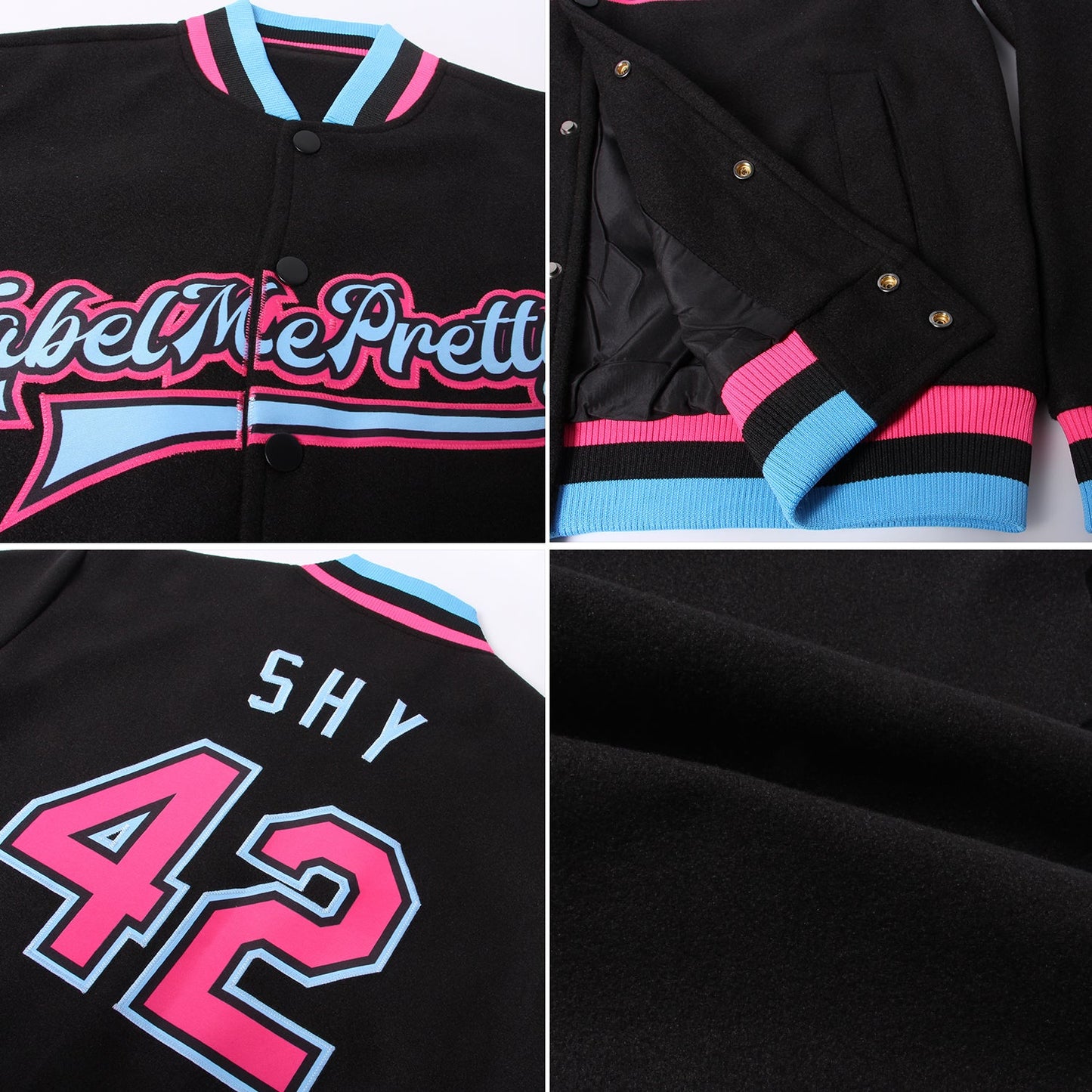 Custom Black Pink-Light Blue Bomber Full-Snap Varsity Letterman Jacket view 4