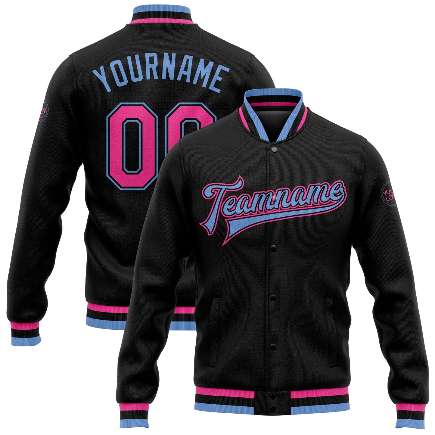 Custom Black Pink-Light Blue Bomber Full-Snap Varsity Letterman Jacket - Main View