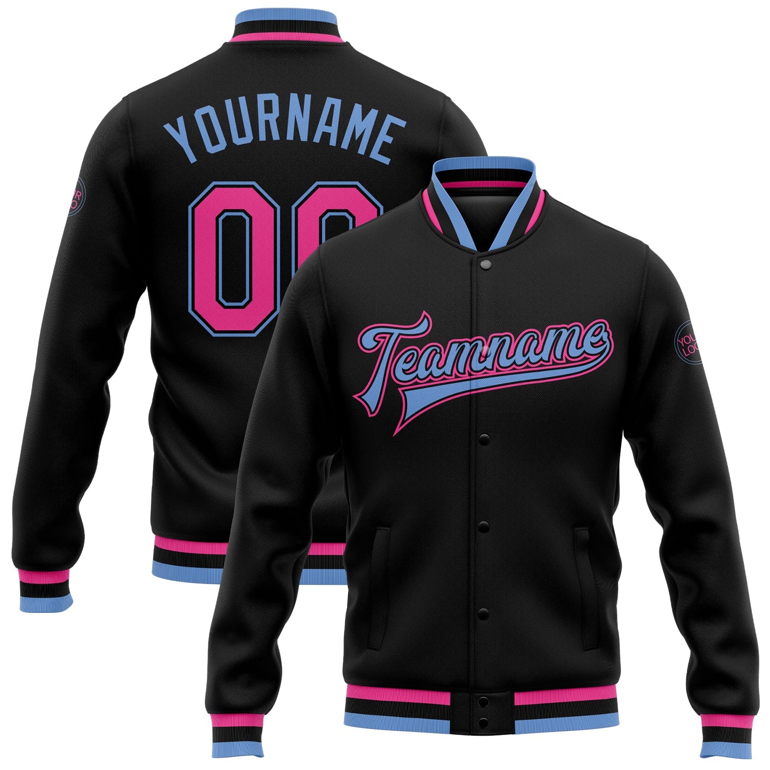 Custom Black Pink-Light Blue Bomber Full-Snap Varsity Letterman Jacket - Main View