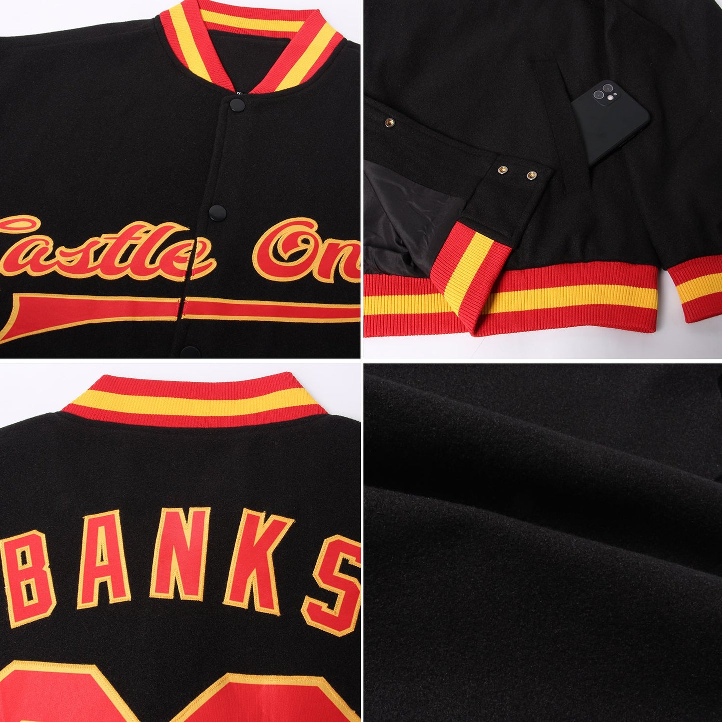 Custom Black Red-Gold Bomber Full-Snap Varsity Letterman Jacket view 4