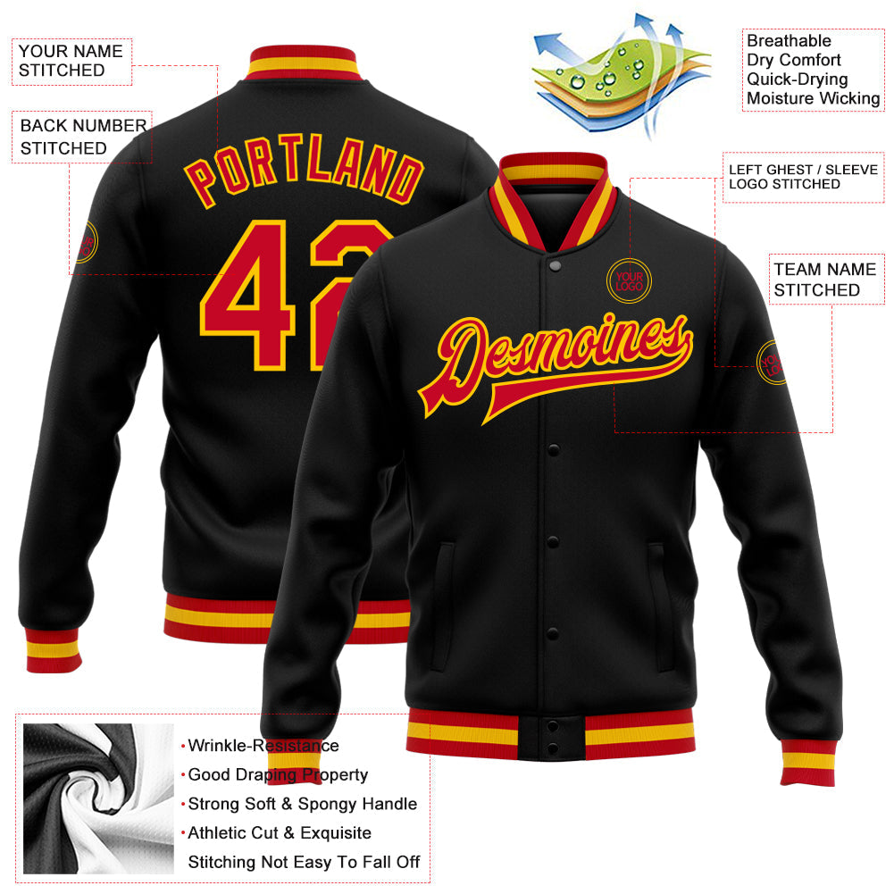 Custom Black Red-Gold Bomber Full-Snap Varsity Letterman Jacket view 5