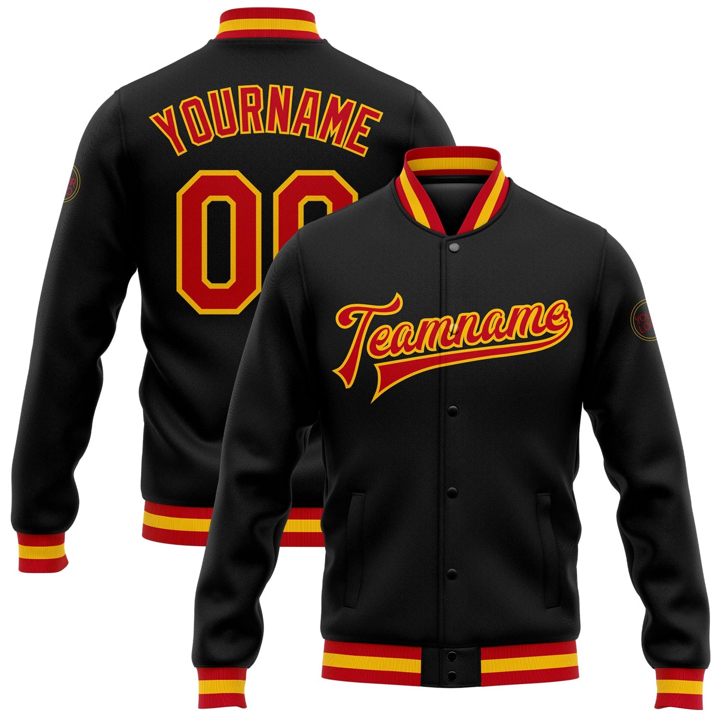 Custom Black Red-Gold Bomber Full-Snap Varsity Letterman Jacket - Main View