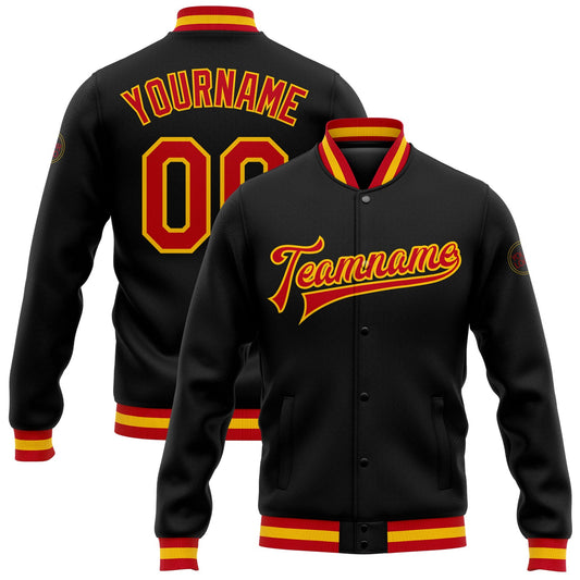 Custom Black Red-Gold Bomber Full-Snap Varsity Letterman Jacket - Main View