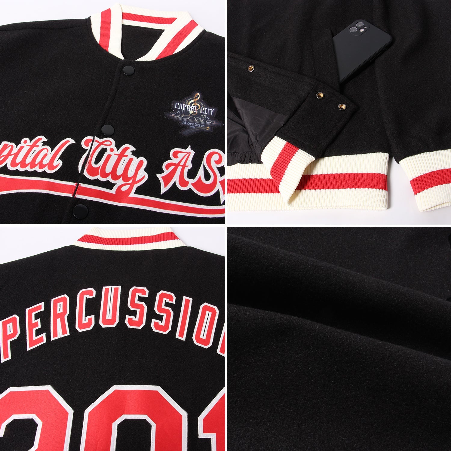 Custom Black Red-Cream Bomber Full-Snap Varsity Letterman Jacket view 4