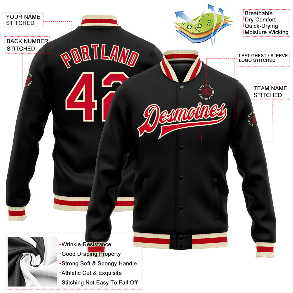Custom Black Red-Cream Bomber Full-Snap Varsity Letterman Jacket view 5