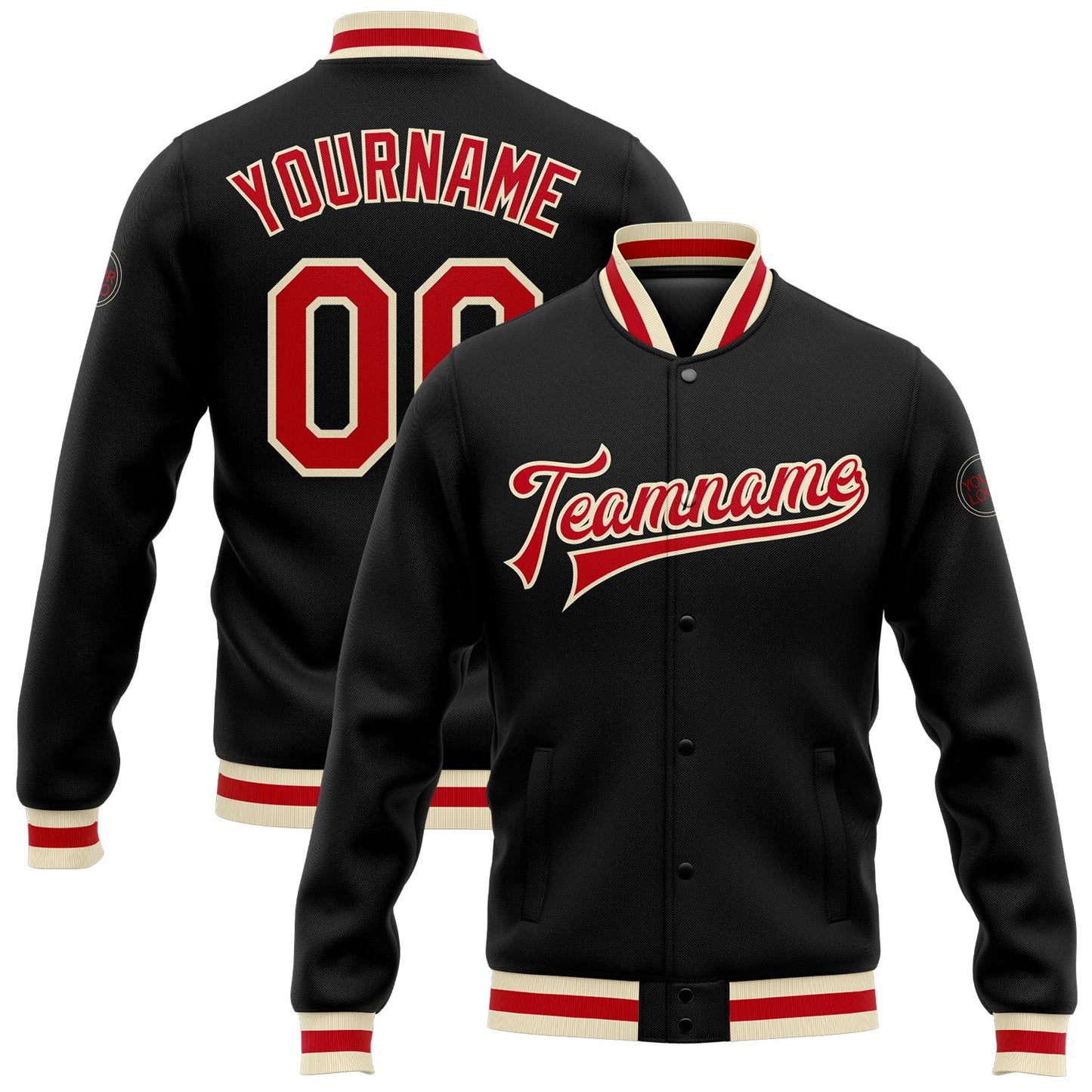 Custom Black Red-Cream Bomber Full-Snap Varsity Letterman Jacket - Main View