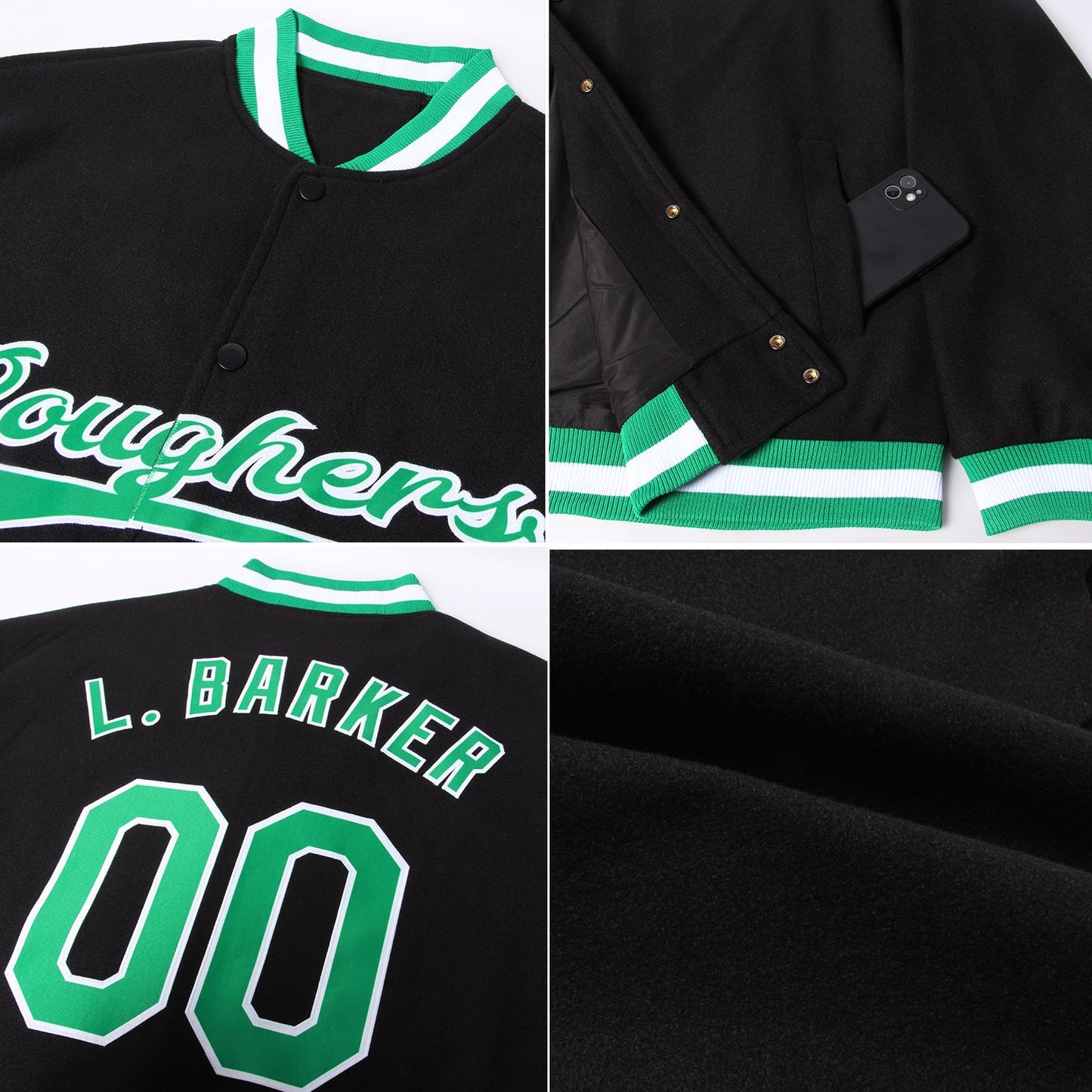 Custom Black Kelly Green-White Bomber Full-Snap Varsity Letterman Jacket view 4