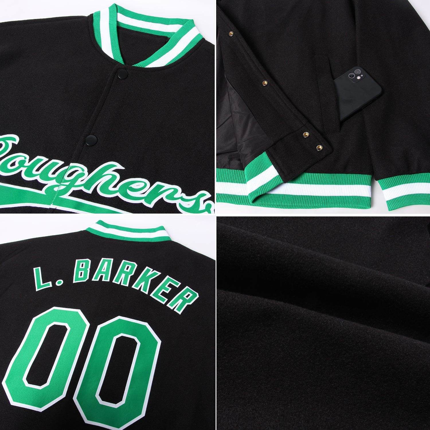 Custom Black Kelly Green-White Bomber Full-Snap Varsity Letterman Jacket view 4