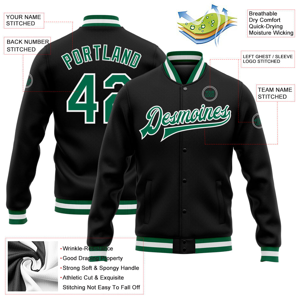 Custom Black Kelly Green-White Bomber Full-Snap Varsity Letterman Jacket view 5