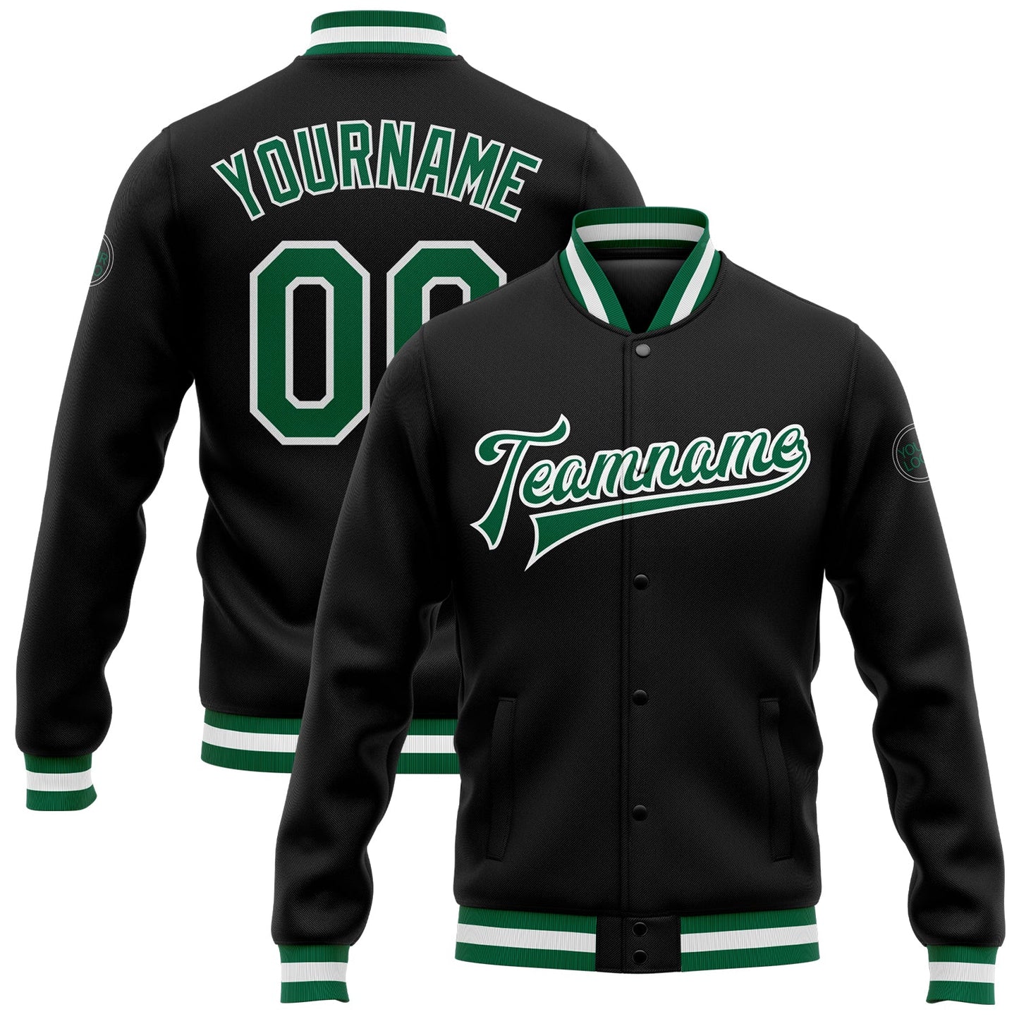 Custom Black Kelly Green-White Bomber Full-Snap Varsity Letterman Jacket - Main View