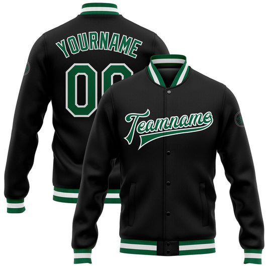 Custom Black Kelly Green-White Bomber Full-Snap Varsity Letterman Jacket - Main View