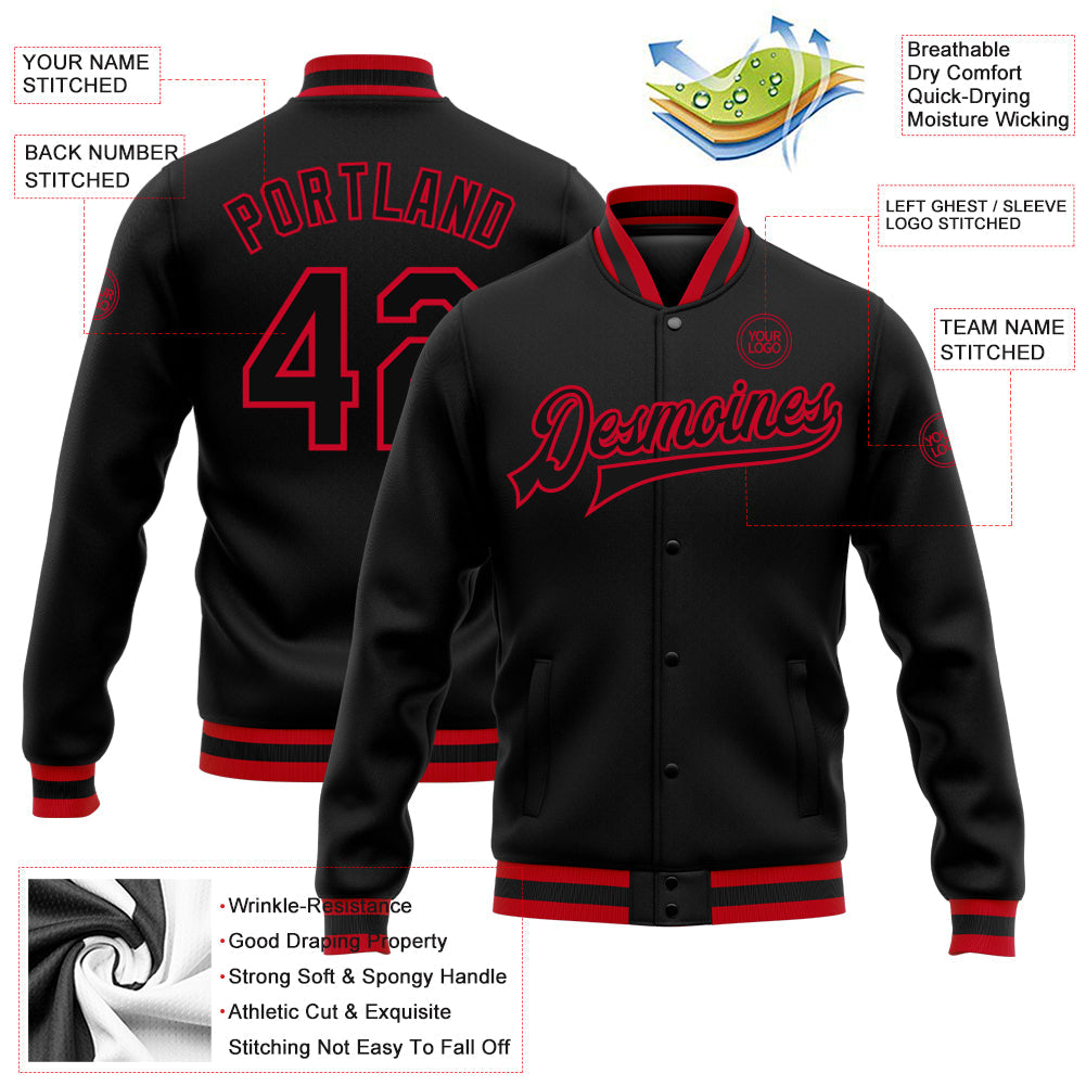 Custom Black Black-Red Bomber Full-Snap Varsity Letterman Jacket view 5