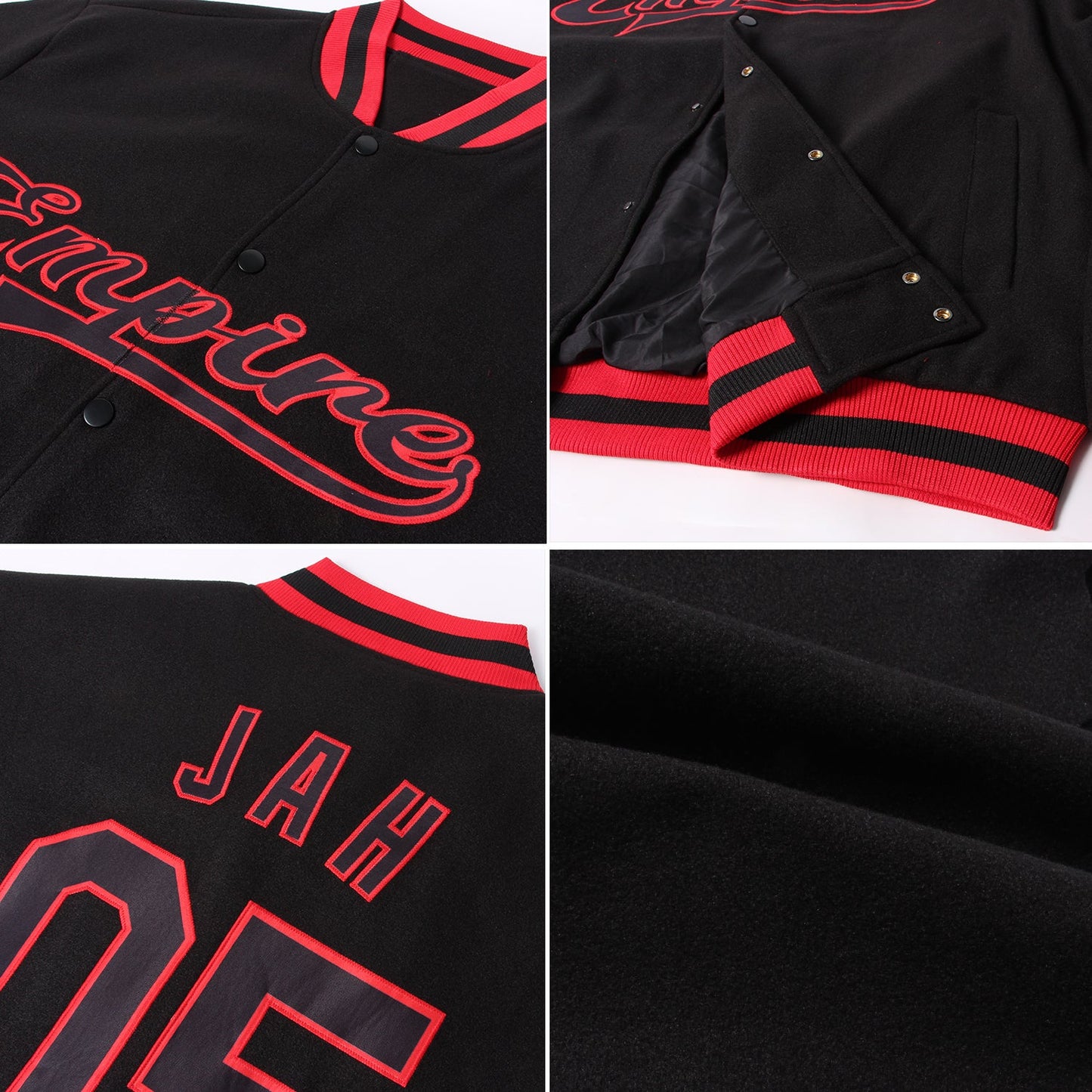 Custom Black Black-Red Bomber Full-Snap Varsity Letterman Jacket view 4