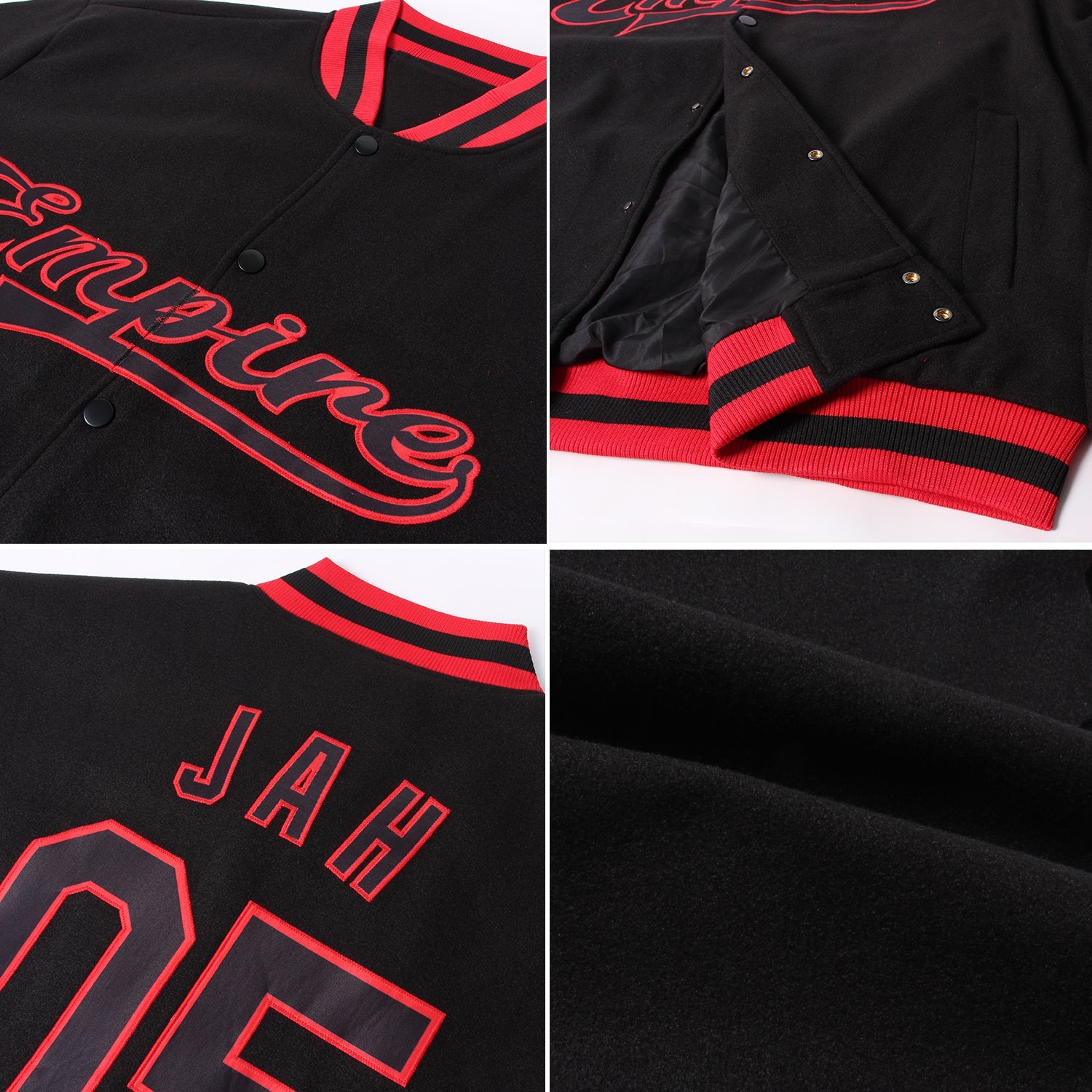 Custom Black Black-Red Bomber Full-Snap Varsity Letterman Jacket view 4