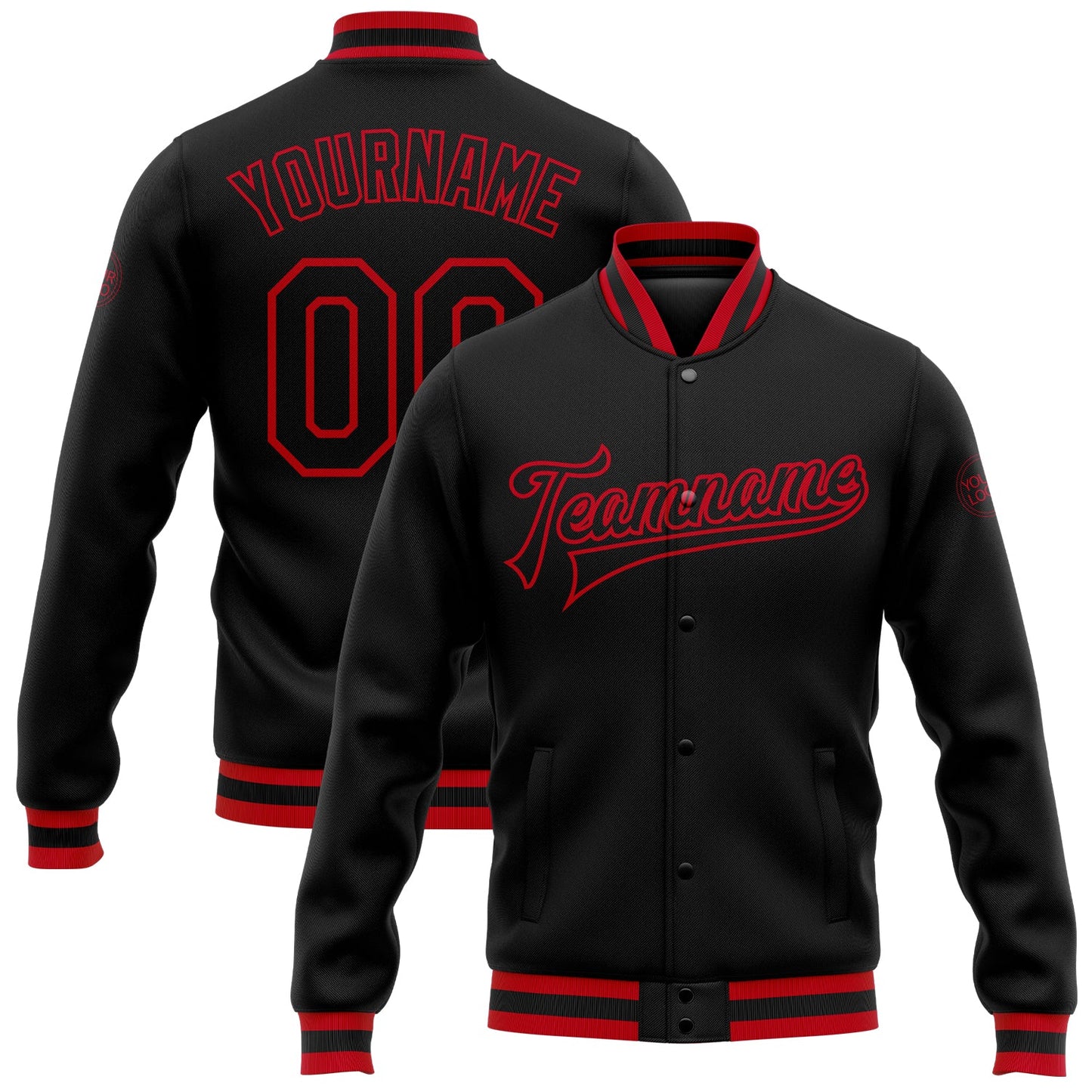 Custom Black Black-Red Bomber Full-Snap Varsity Letterman Jacket - Main View