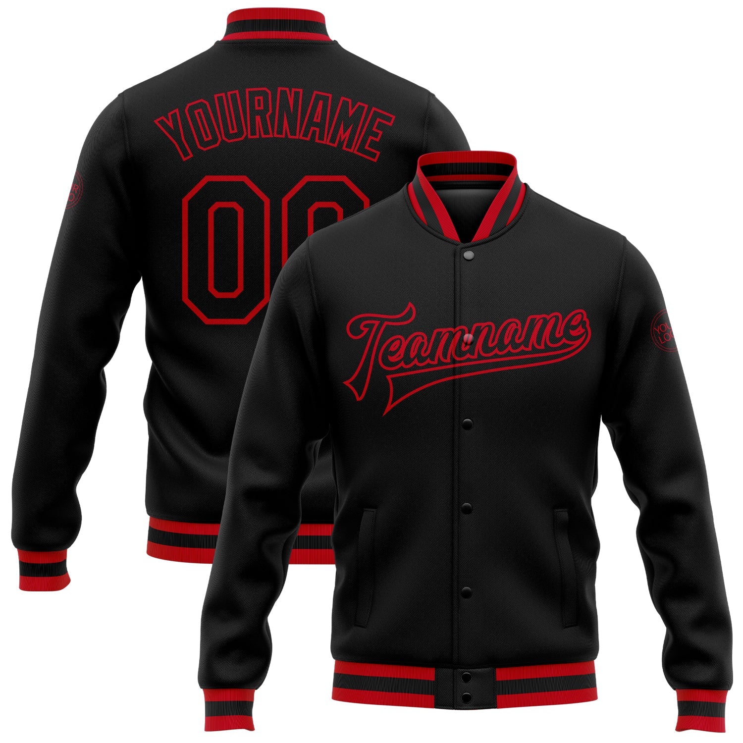 Custom Black Black-Red Bomber Full-Snap Varsity Letterman Jacket - Main View