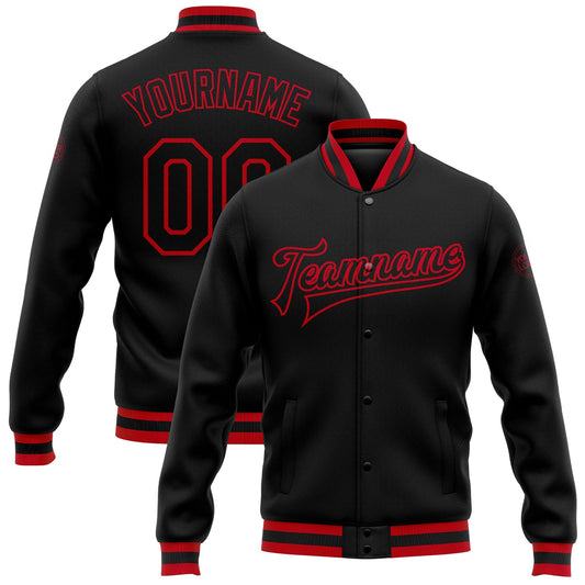 Custom Black Black-Red Bomber Full-Snap Varsity Letterman Jacket - Main View