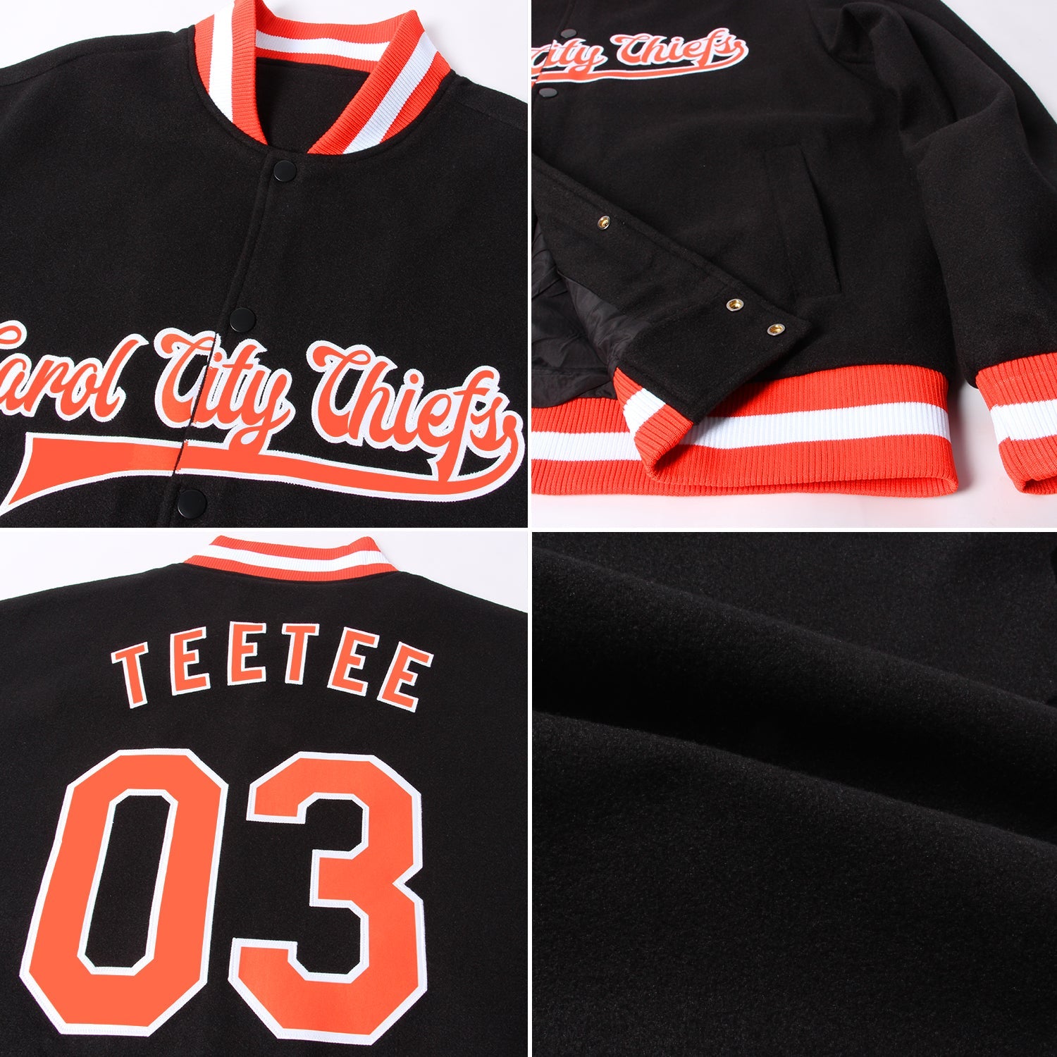 Custom Black Orange-White Bomber Full-Snap Varsity Letterman Jacket view 4