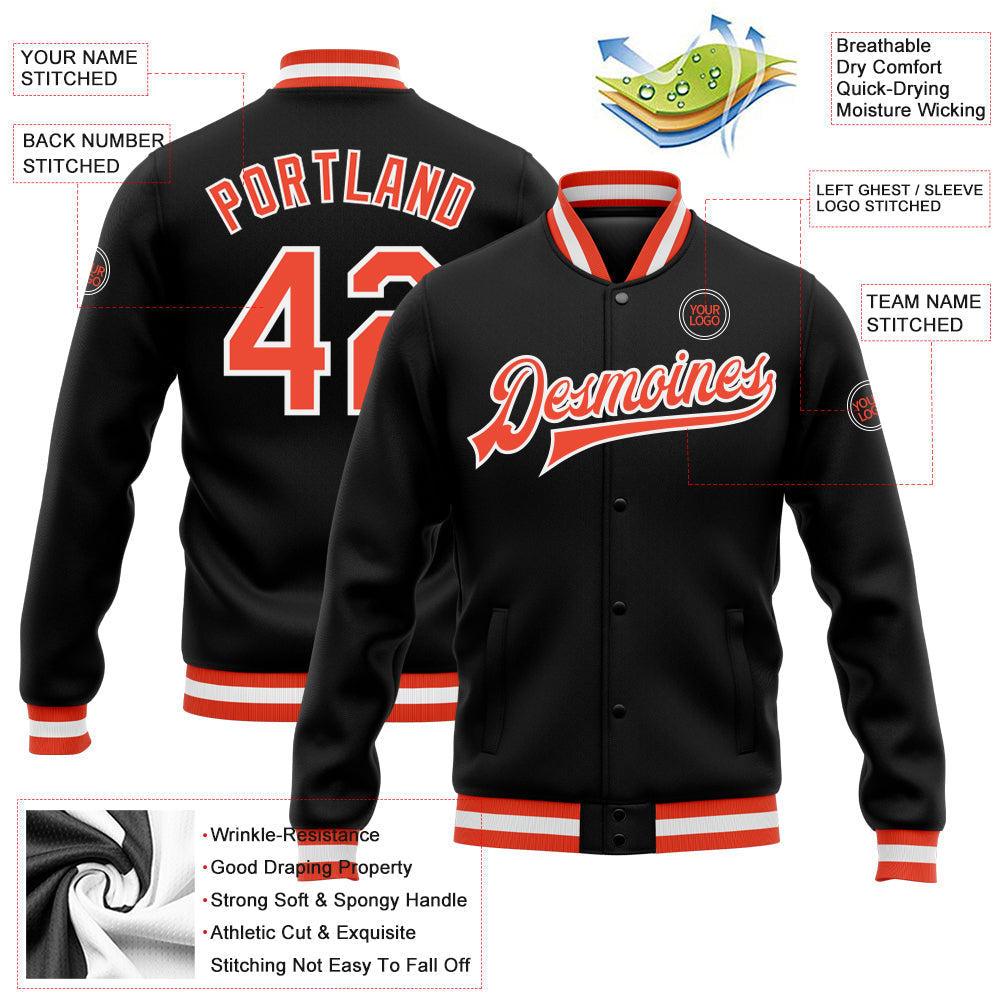 Custom Black Orange-White Bomber Full-Snap Varsity Letterman Jacket view 5