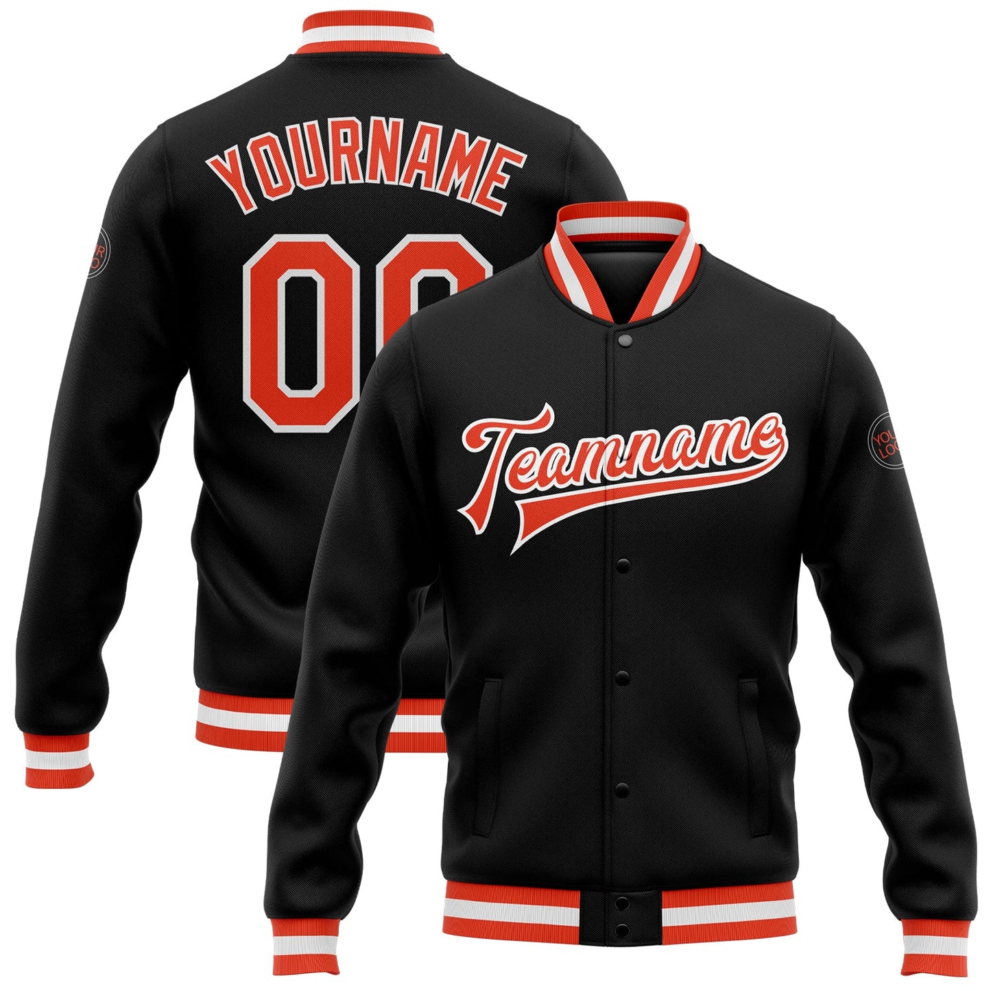Custom Black Orange-White Bomber Full-Snap Varsity Letterman Jacket - Main View