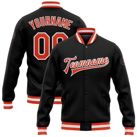 Custom Black Orange-White Bomber Full-Snap Varsity Letterman Jacket - Main View