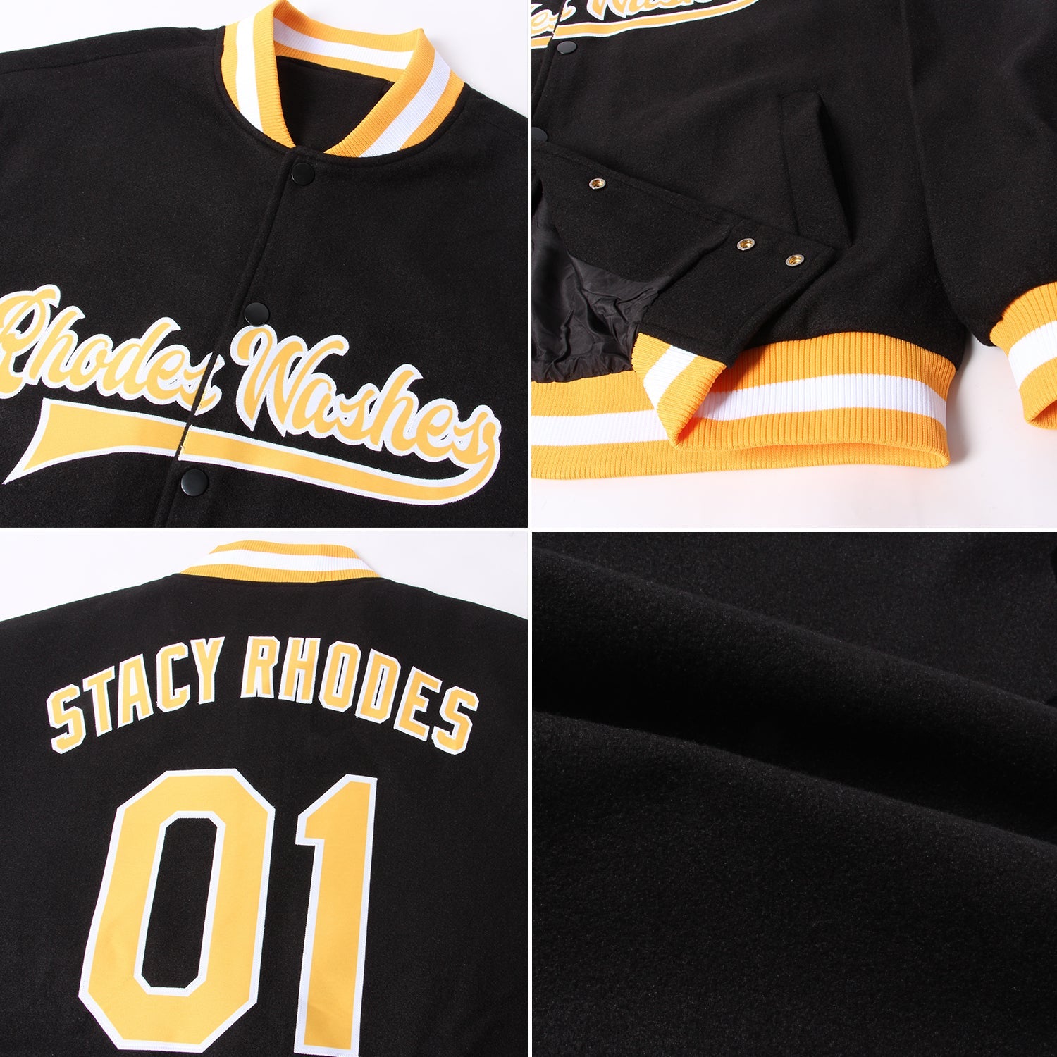 Custom Black Gold-White Bomber Full-Snap Varsity Letterman Jacket view 4