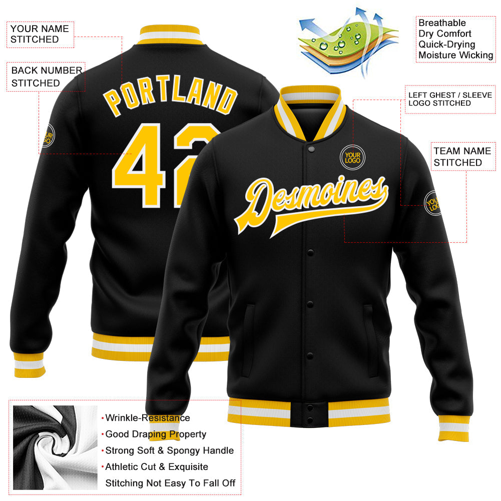 Custom Black Gold-White Bomber Full-Snap Varsity Letterman Jacket view 5