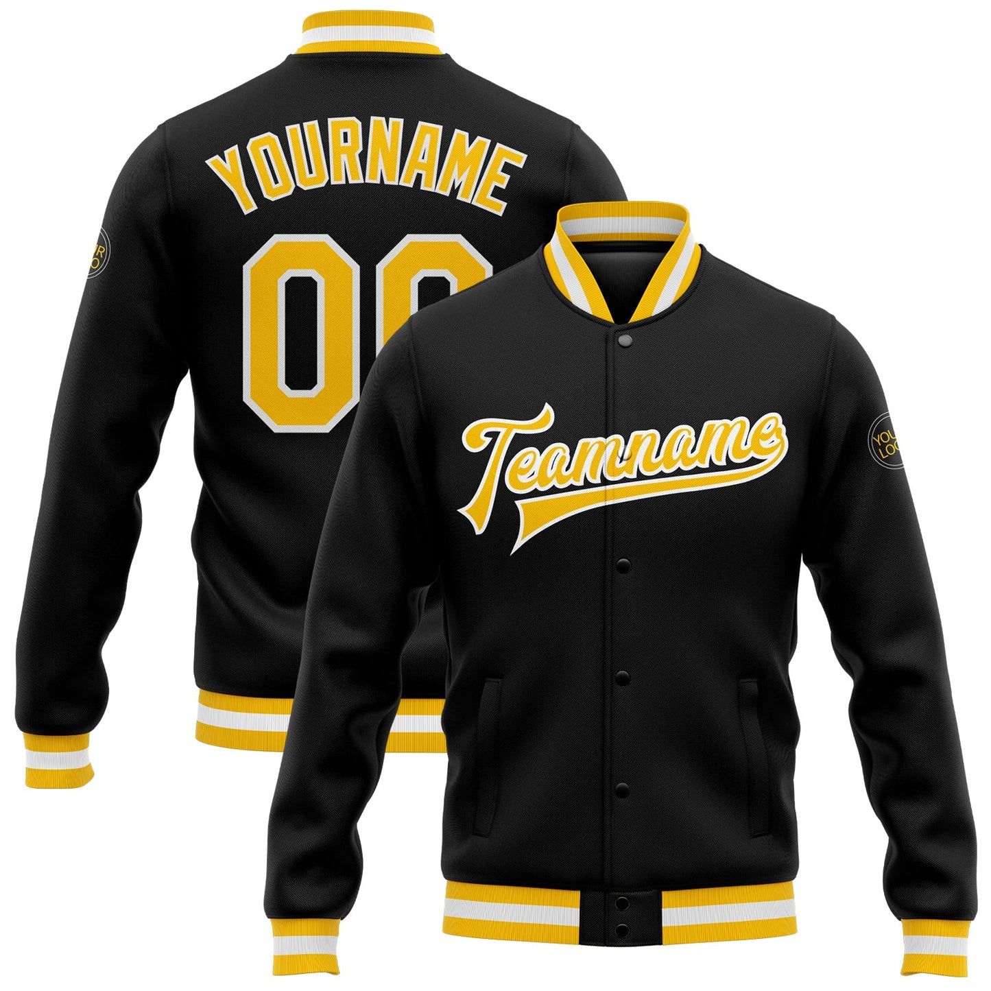Custom Black Gold-White Bomber Full-Snap Varsity Letterman Jacket - Main View