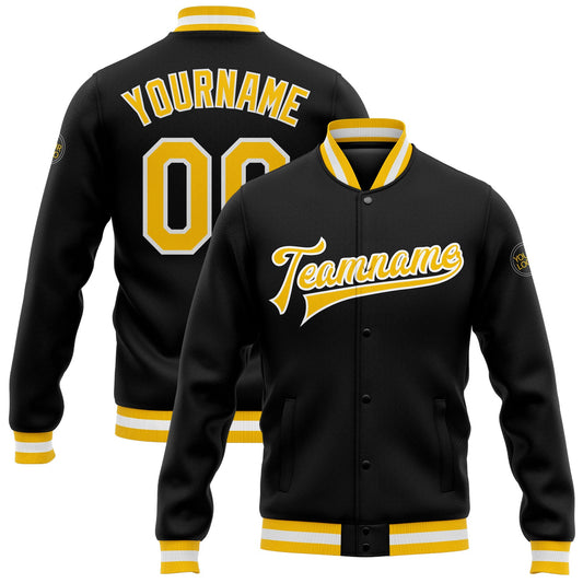 Custom Black Gold-White Bomber Full-Snap Varsity Letterman Jacket - Main View