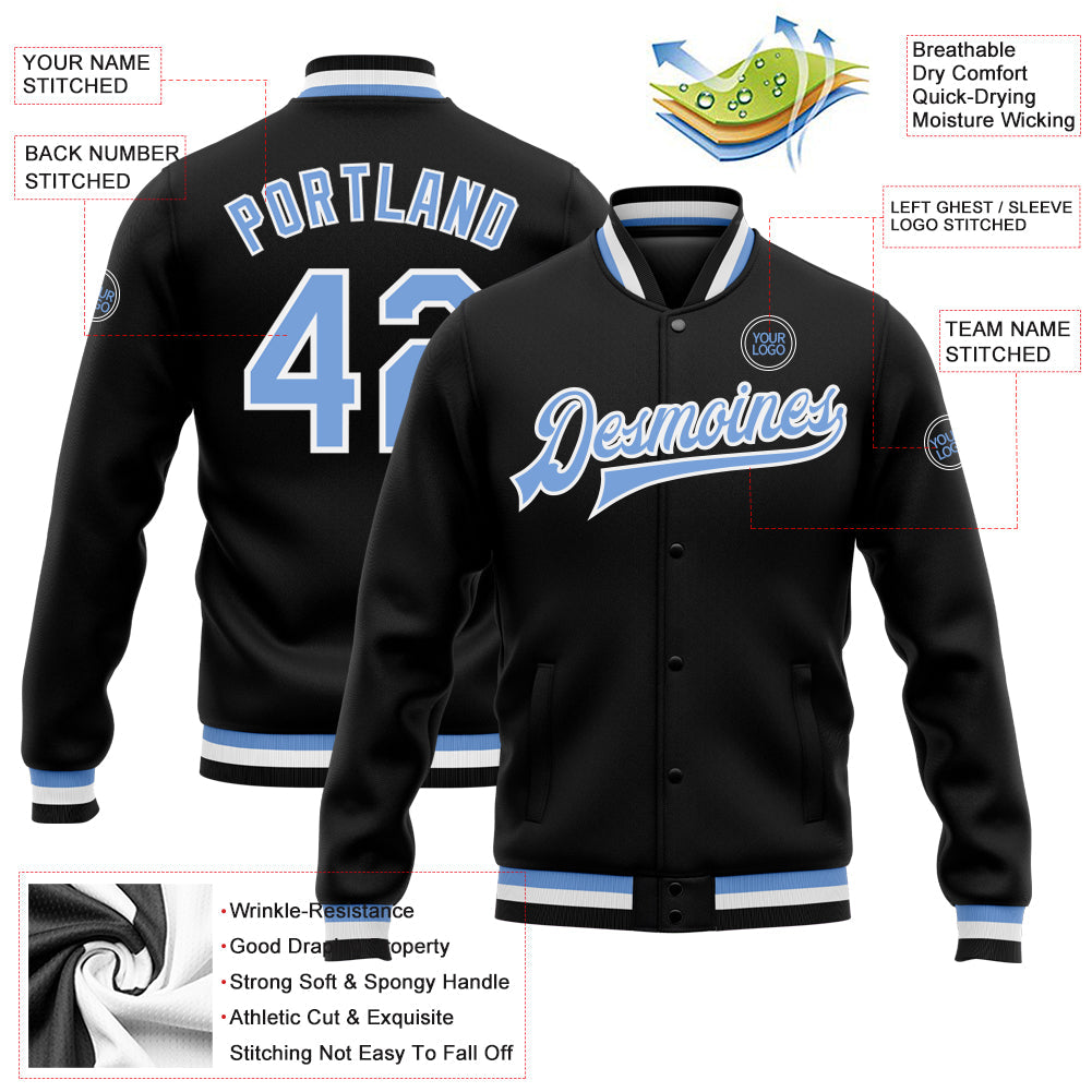 Custom Black Light Blue-White Bomber Full-Snap Varsity Letterman Jacket view 5